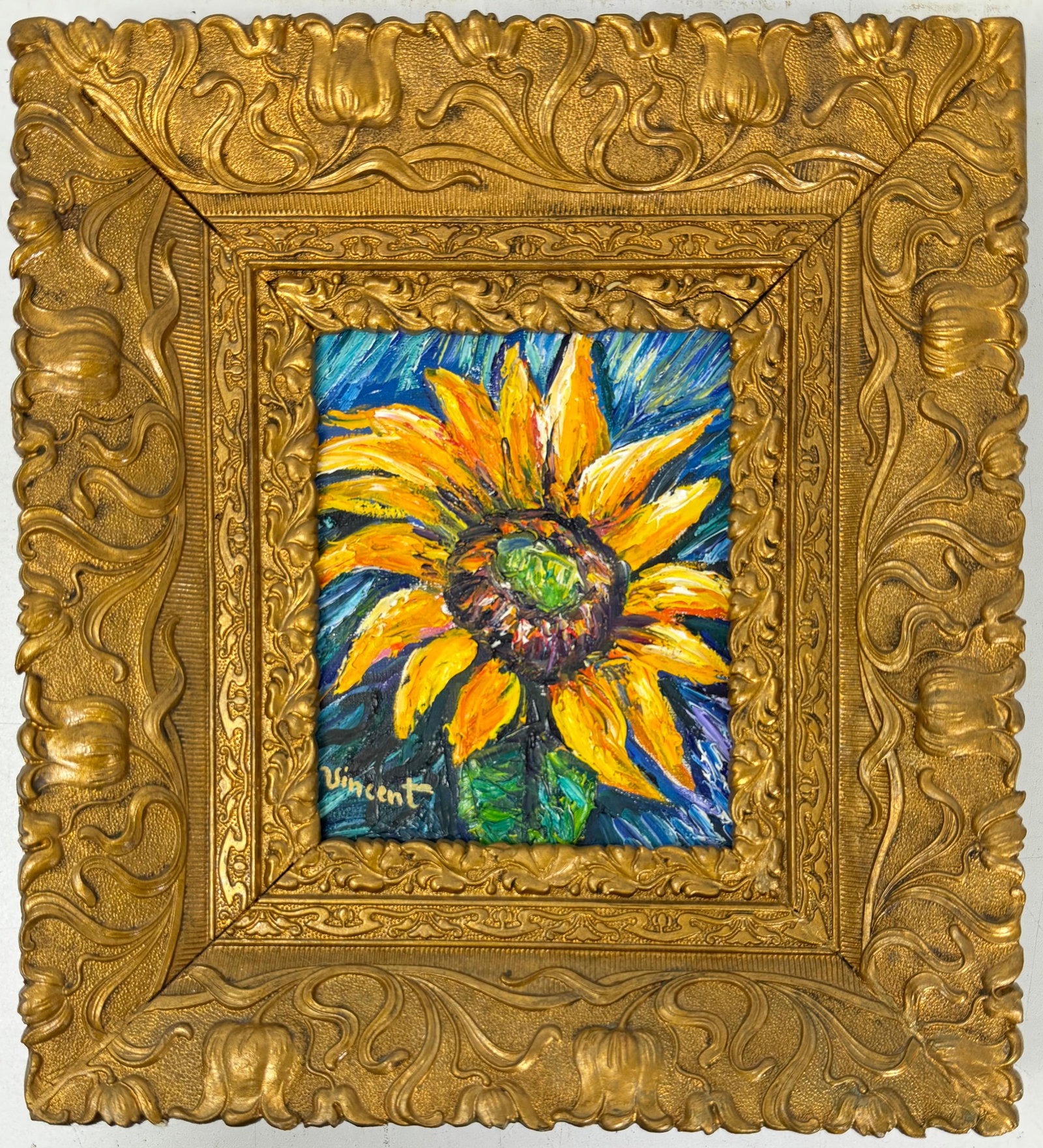 Vincent Van Gogh Dutch (Oil on Canvas Painting) in the style of: Rendered in the style of Vincent Van Gogh. Technique: Oil on Canvas Painting. Measures: 11" x 12" Inches. Provenance:Private Collection. "In the style of" means after the artist. The work is framed. V