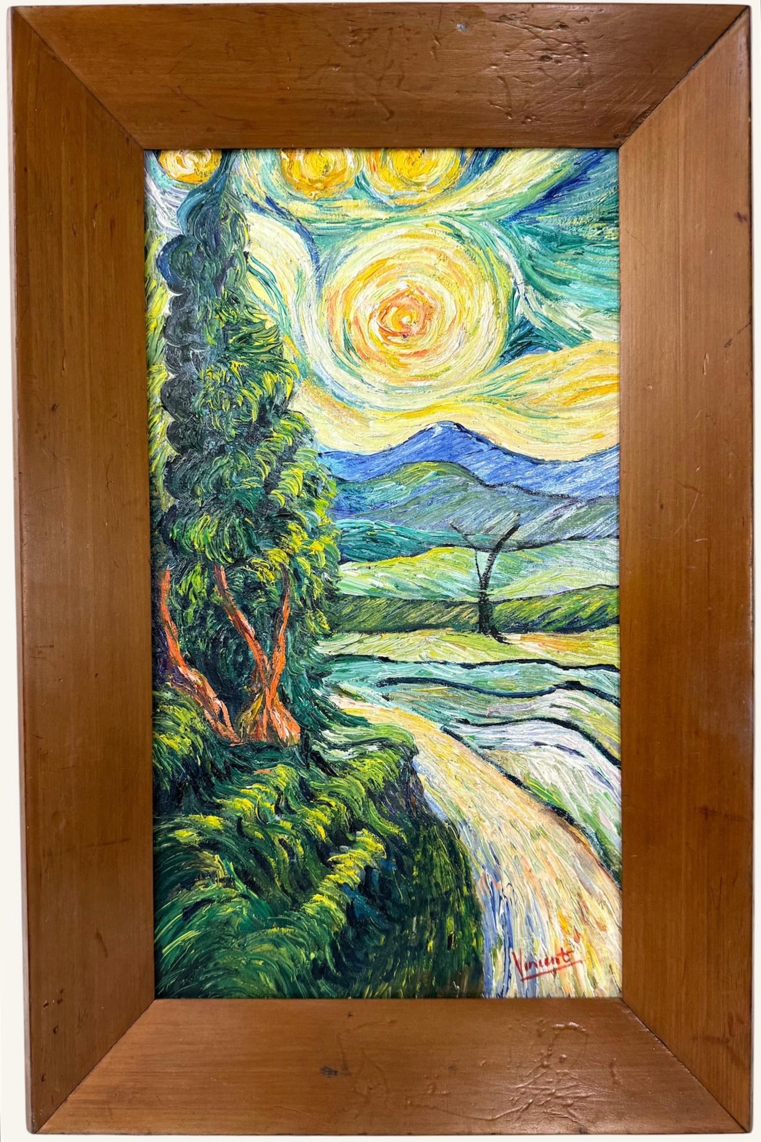 Vincent Van Gogh Dutch (Oil on Canvas Painting) in the style of: Rendered in the style of Vincent Van Gogh. Technique: Oil on Canvas Painting. Measures: 14.5" x 22" Inches. Provenance:Private Collection. "In the style of" means after the artist. The work is framed.