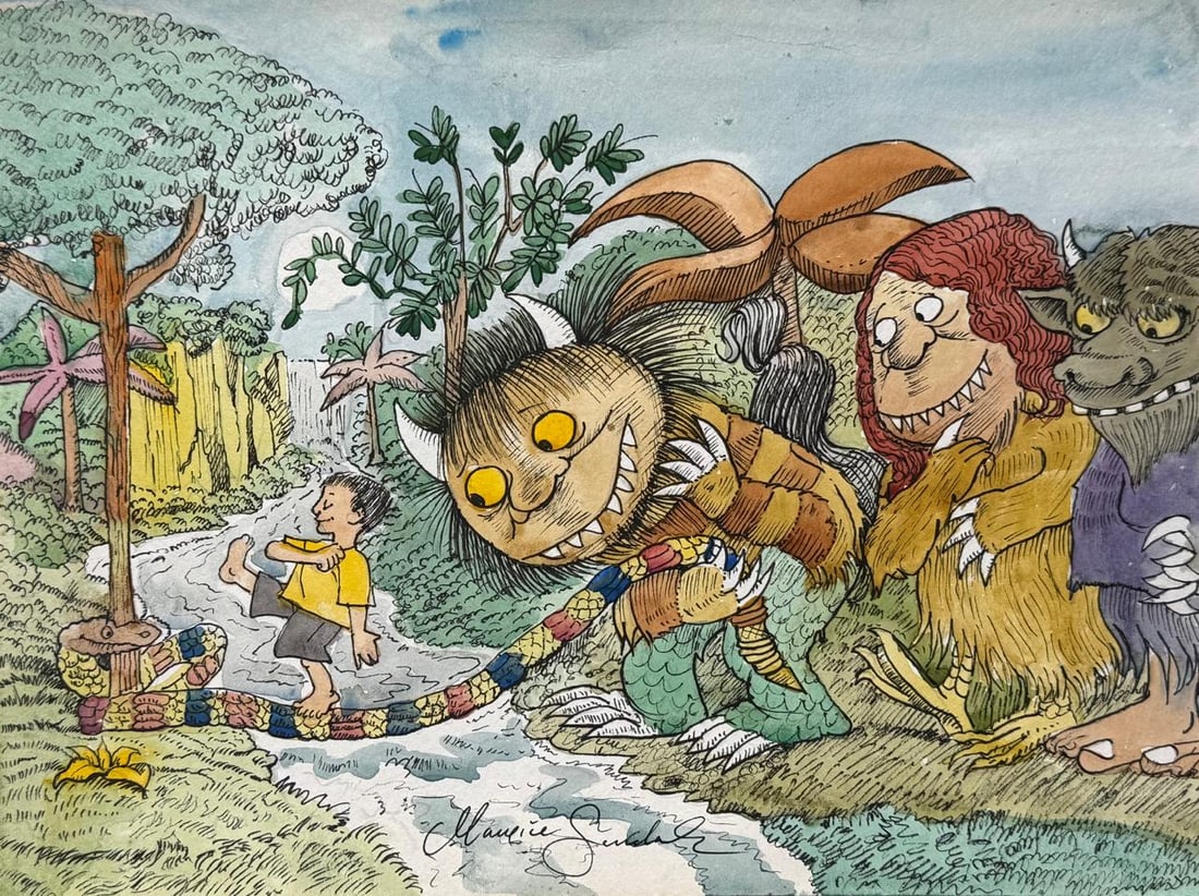 Maurice Sendak (Mixed media on Paper Painting) In the style of: Mixed media painting on paper, rendered in the style of Maurice Sendak. Measures: 8.5” x 11.5” Inches aprox. Provenance: Private Collection."In the style of" means after the artist. Sendak