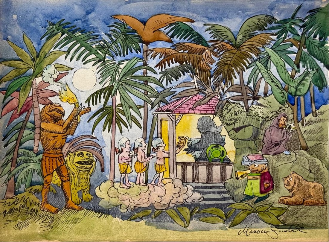Maurice Sendak (Mixed media on Paper Painting) In the style of: Mixed media painting on paper, rendered in the style of Maurice Sendak. Measures: 8” x 11” Inches aprox. Provenance: Private Collection."In the style of" means after the artist. Sendak liv