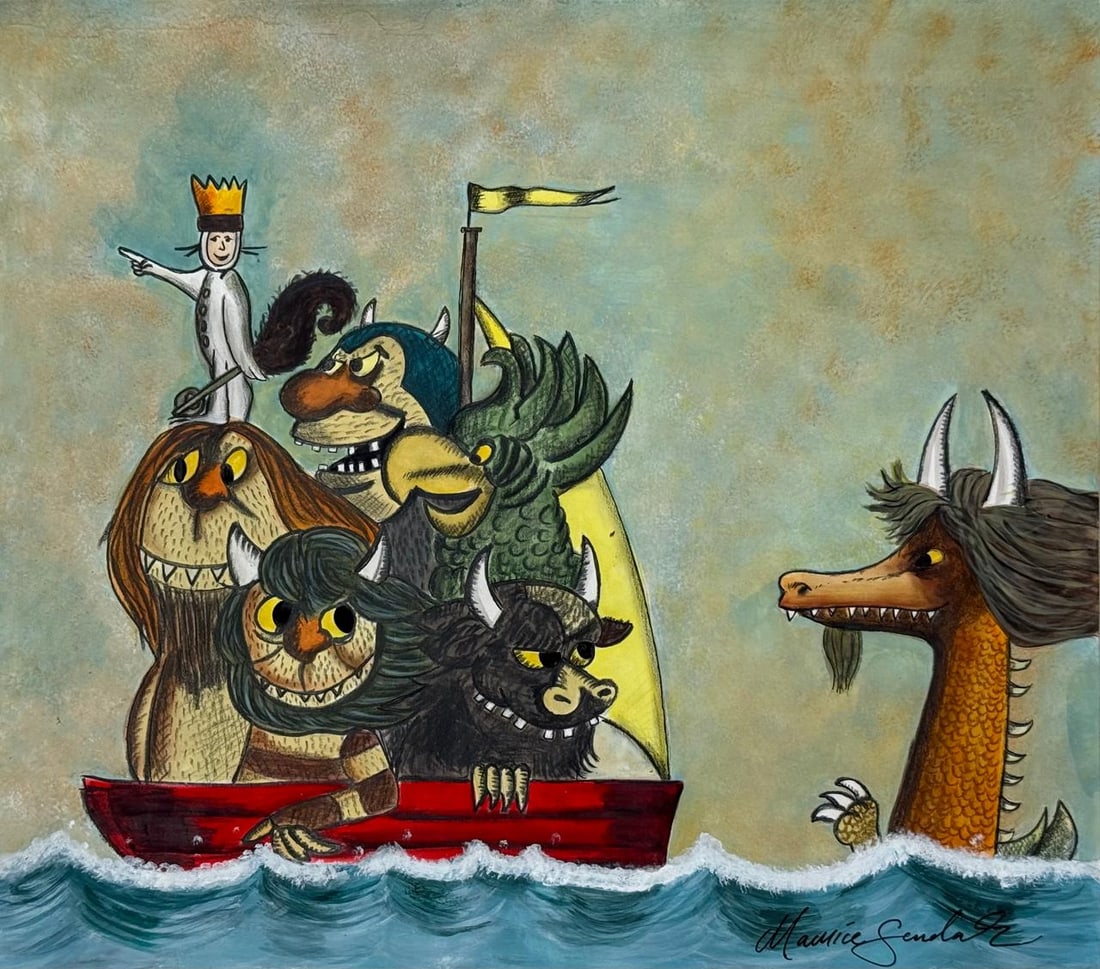 Maurice Sendak (Mixed media on Paper Painting) In the style of: Mixed media painting on paper, rendered in the style of Maurice Sendak. Measures: 9” x 10” Inches aprox. Provenance: Private Collection."In the style of" means after the artist. Sendak liv