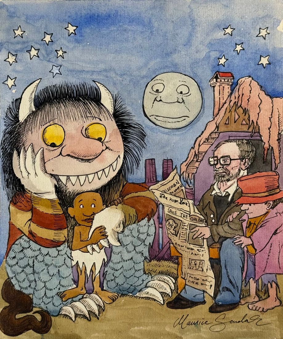 Maurice Sendak (Mixed media on Paper Painting) In the style of: Mixed media painting on paper, rendered in the style of Maurice Sendak. Measures: 9” x 10.5” Inches aprox. Provenance: Private Collection."In the style of" means after the artist. Sendak l