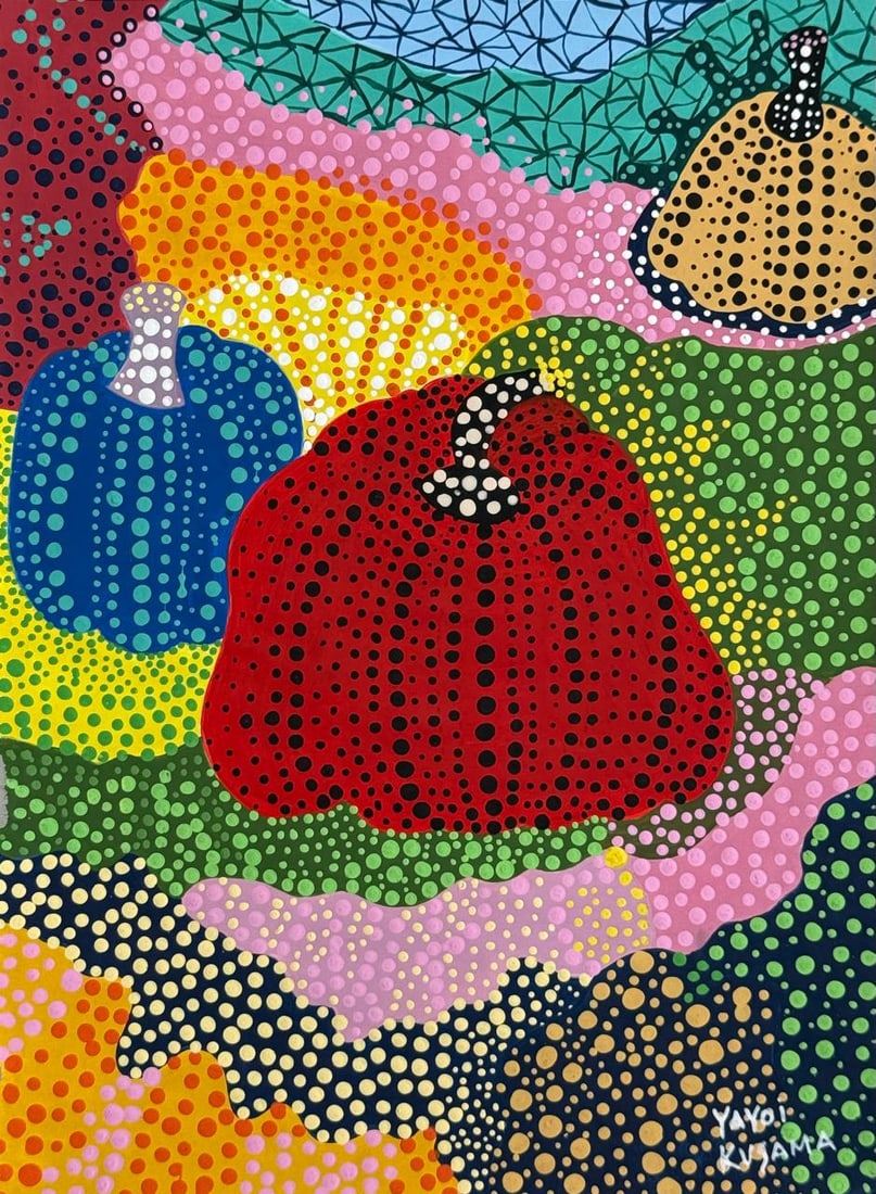 Yayoi Kusama (Mixed media on Paper Painting) In the style of: Mixed media painting on paper, rendered in the style of Yayoi Kusama. Measures: 7.5” x 10” Inches aprox. Provenance: Private Collection."In the style of" means after the artist. Kusama bor