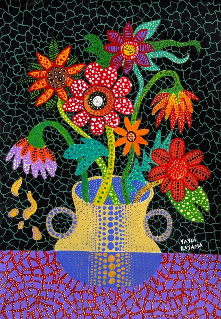 Yayoi Kusama (Mixed media on Paper Painting) In the style of: Mixed media painting on paper, rendered in the style of Yayoi Kusama. Measures: 8.5” x 12” Inches aprox. Provenance: Private Collection."In the style of" means after the artist. Kusama bor