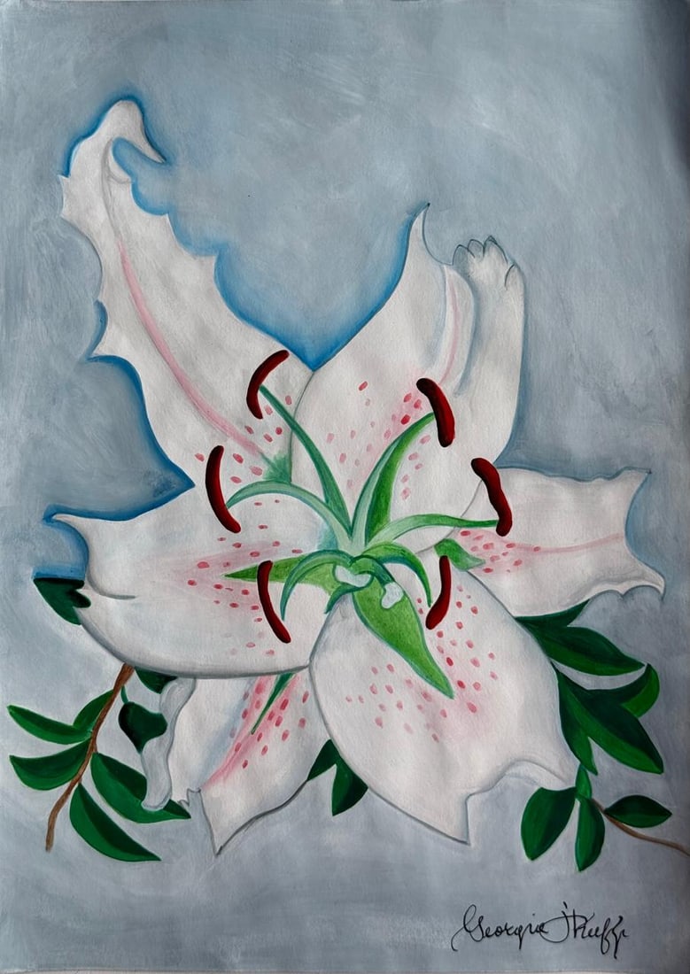Georgia O'Keeffe (Mixed Media On Paper Painting) In the style of: Mixed media painting on paper, rendered in the style of Georgia O'Keeffe. Measures: 8.5” x 12” Inches aprox. Provenance: Private Collection. "In the style of" means after the artist. O'Kee