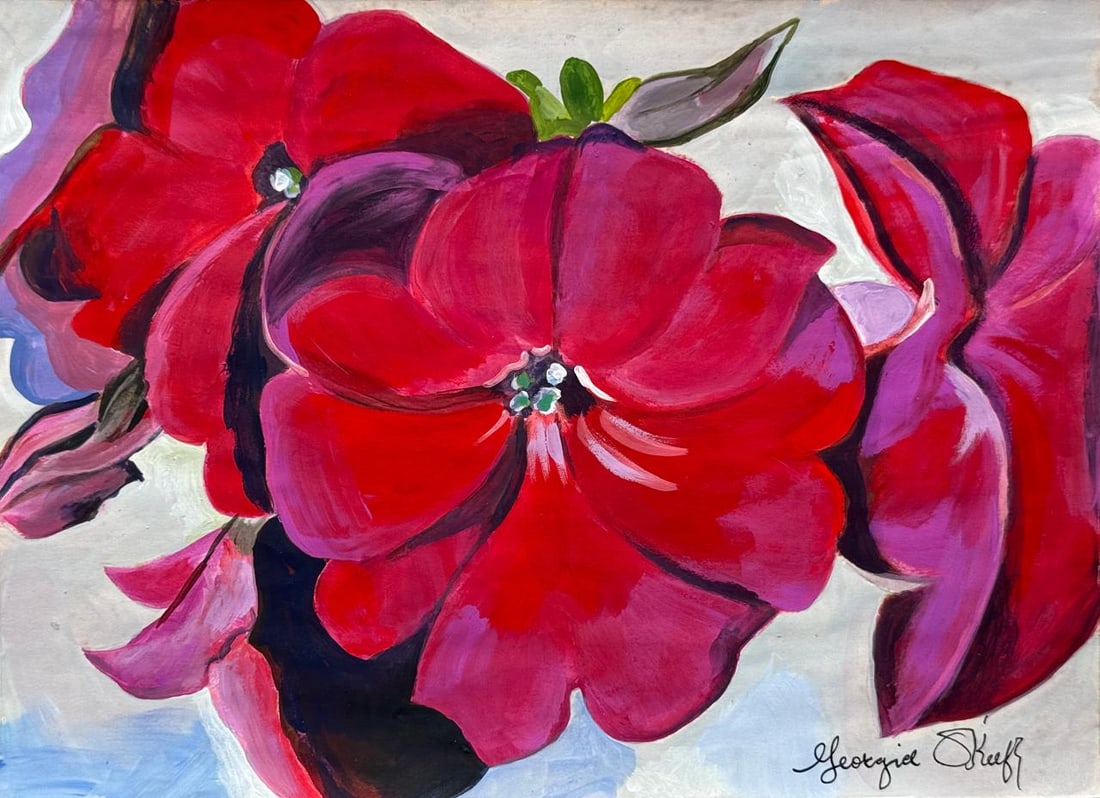 Georgia O'Keeffe (Mixed Media On Paper Painting) In the style of: Mixed media painting on paper, rendered in the style of Georgia O'Keeffe. Measures: 8” x 10.5” Inches aprox. Provenance: Private Collection. "In the style of" means after the artist. O'Kee