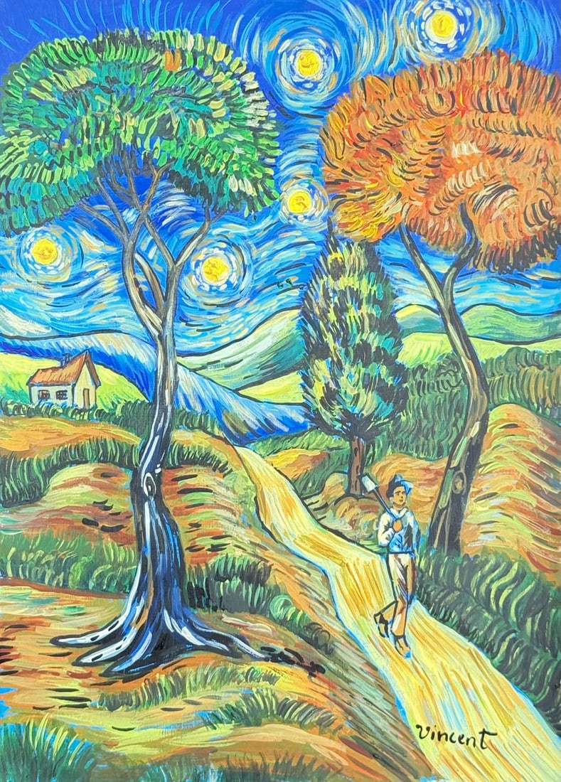 Vincent Van Gogh Dutch (Mixed Media on Paper Painting) In the style of: Mixed media painting on paper, rendered in the style of Vincent Van Gogh. Measures: 8.5” x 12” Inches aprox. Provenance: Private Collection."In the style of" means after the artist. Van Go