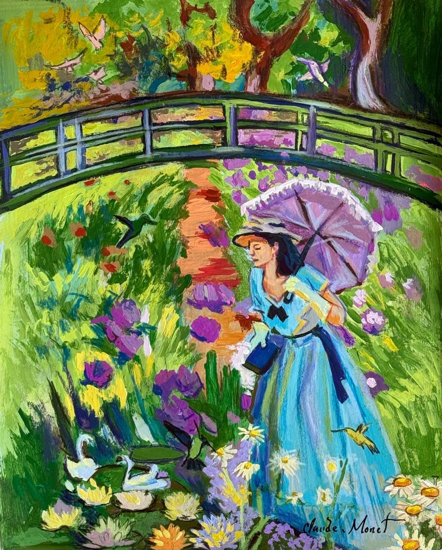 Claude Monet French (Mixed media on Paper Painting) In the style of: Mixed media painting on paper, rendered in the style of Claude Monet. Measures: 8.5” x 10.5” Inches aprox. Provenance: Private Collection."In the style of" means after the artist. Monet li