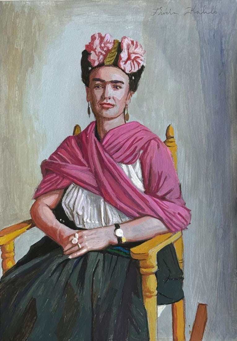 Frida Kahlo Mexican (Mixed media on Paper Painting) In the style of: Mixed media painting on paper, rendered in the style of Frida Kahlo. Measures: 8.5” x 11.5” Inches aprox. Provenance: Private Collection. "In the style of" means after the artist. Kahlo li