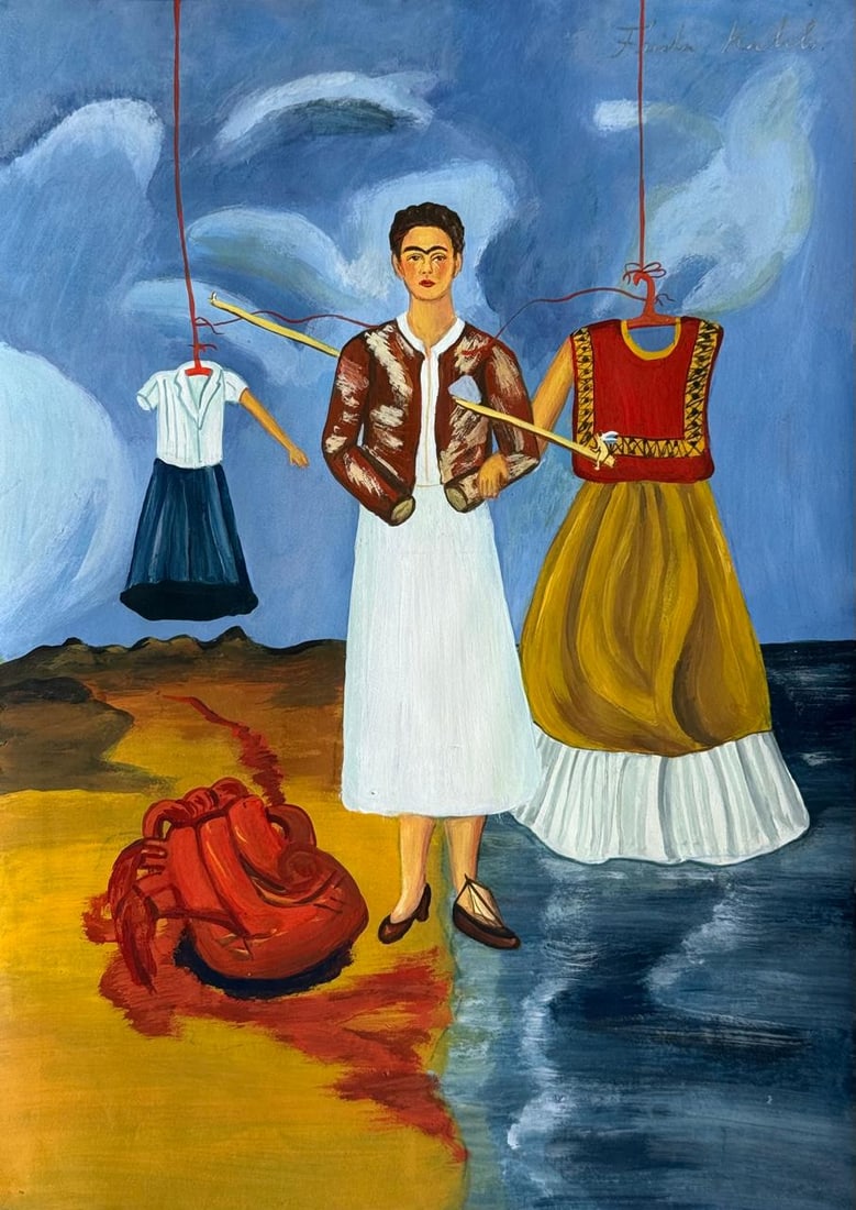 Frida Kahlo Mexican (Mixed media on Paper Painting) In the style of: Mixed media painting on paper, rendered in the style of Frida Kahlo. Measures: 8.5” x 12” Inches aprox. Provenance: Private Collection. "In the style of" means after the artist. Kahlo live