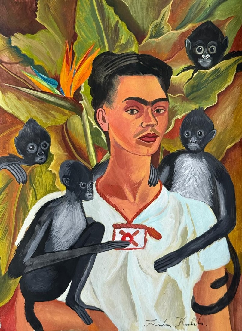 Frida Kahlo Mexican (Mixed media on Paper Painting) In the style of: Mixed media painting on paper, rendered in the style of Frida Kahlo. Measures: 8” x 11” Inches aprox. Provenance: Private Collection. "In the style of" means after the artist. Kahlo lived 