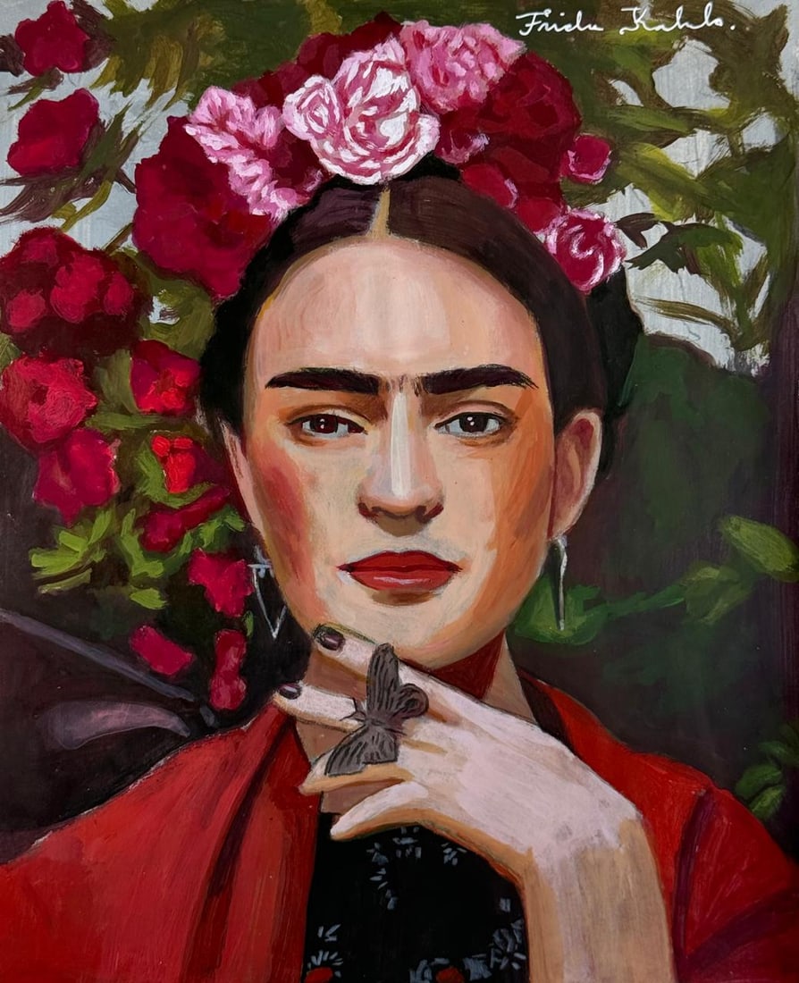 Frida Kahlo Mexican (Mixed media on Paper Painting) In the style of: Mixed media painting on paper, rendered in the style of Frida Kahlo. Measures: 9” x 11” Inches aprox. Provenance: Private Collection. "In the style of" means after the artist. Kahlo lived 