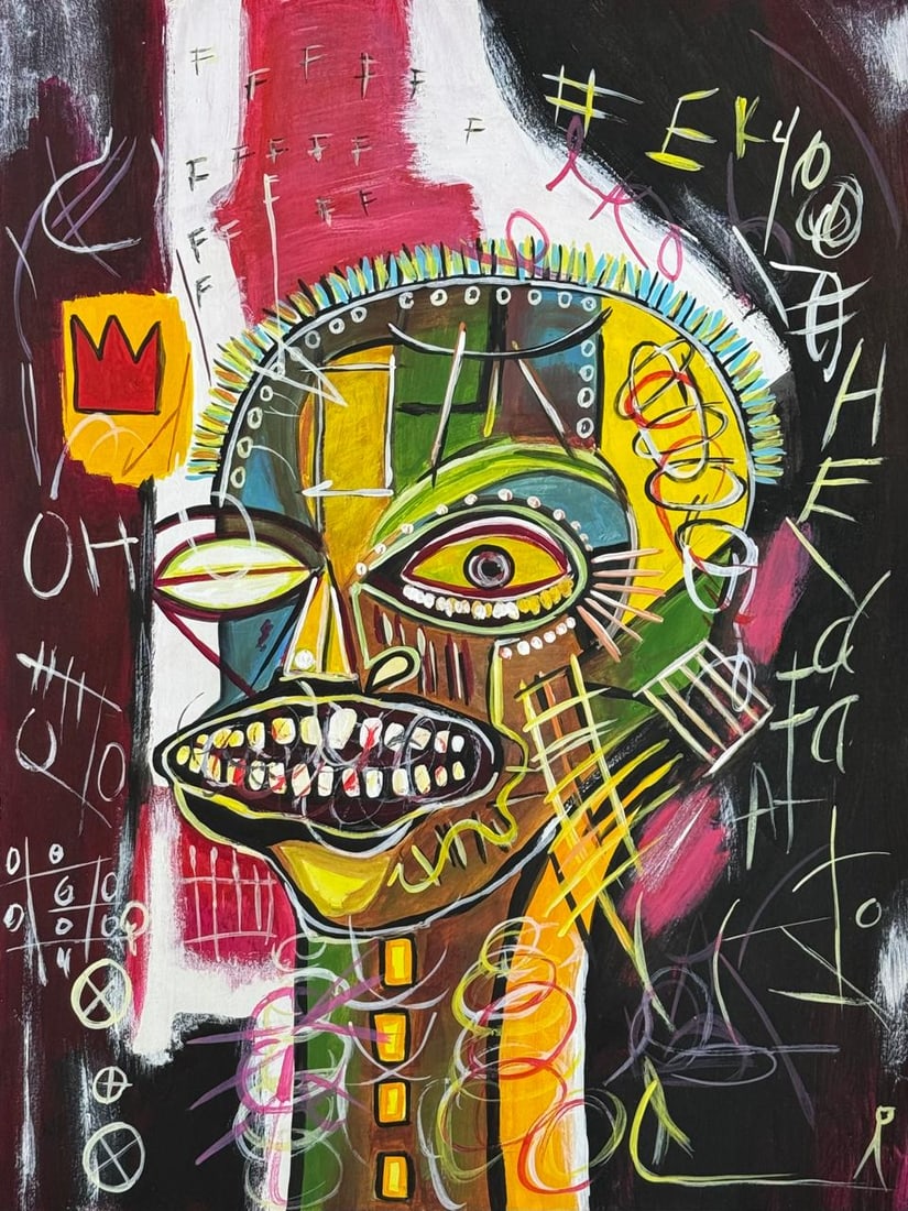 Jean-Michel Basquiat (Mixed media on Paper Painting) In the style of: Mixed media painting on paper, rendered in the style of Jean-Michel Basquiat. Measures: 8.5” x 11.5” Inches aprox. Provenance: Private Collection N.Y."In the style of" means after the arti