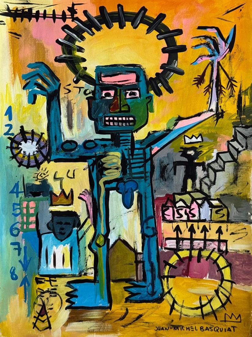 Jean-Michel Basquiat (Mixed media on Paper Painting) In the style of: Mixed media painting on paper, rendered in the style of Jean-Michel Basquiat. Measures: 8.5” x 11.5” Inches aprox. Provenance: Private Collection N.Y."In the style of" means after the arti