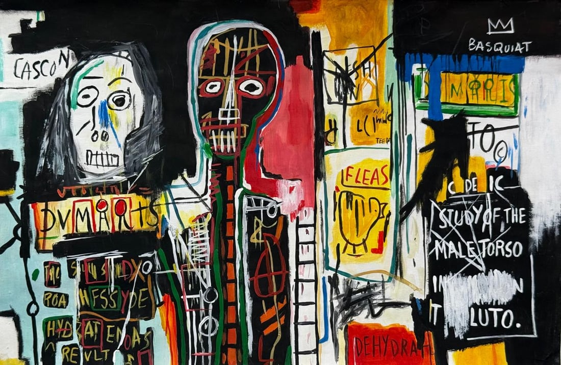 Jean-Michel Basquiat (Mixed media on Paper Painting) In the style of: Mixed media painting on paper, rendered in the style of Jean-Michel Basquiat. Measures: 8” x 12” Inches aprox. Provenance: Private Collection N.Y."In the style of" means after the artist. 