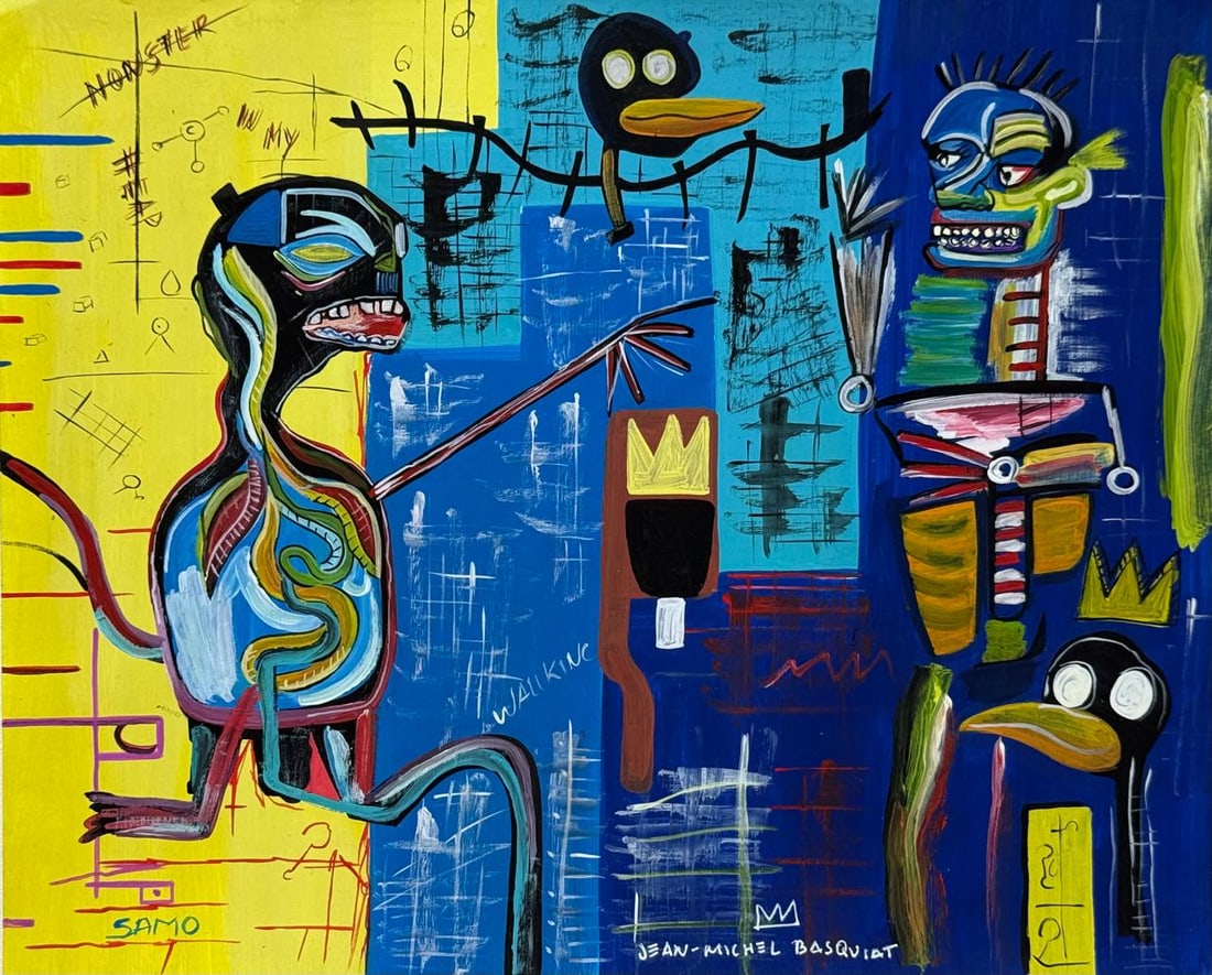 Jean-Michel Basquiat (Mixed media on Paper Painting) In the style of: Mixed media painting on paper, rendered in the style of Jean-Michel Basquiat. Measures: 9” x 11” Inches aprox. Provenance: Private Collection N.Y."In the style of" means after the artist. 