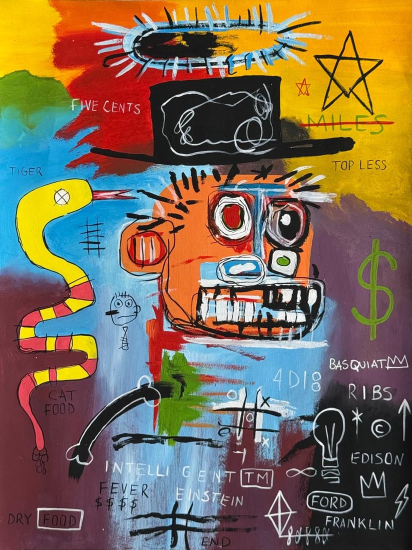 Jean-Michel Basquiat (Mixed media on Paper Painting) In the style of: Mixed media painting on paper, rendered in the style of Jean-Michel Basquiat. Measures: 9” x 12” Inches aprox. Provenance: Private Collection N.Y."In the style of" means after the artist. 