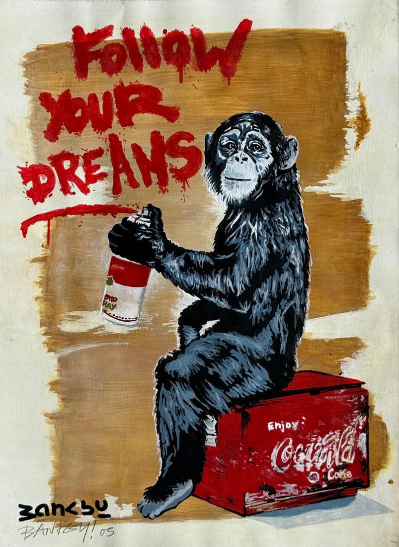 Banksy (Mixed media on Paper Painting) In the style of: Mixed media painting on paper, rendered in the style of Banksy. Measures: 8” x 11” Inches aprox. Provenance: Private Collection."In the style of" means after the artist. Banksy is the pseu