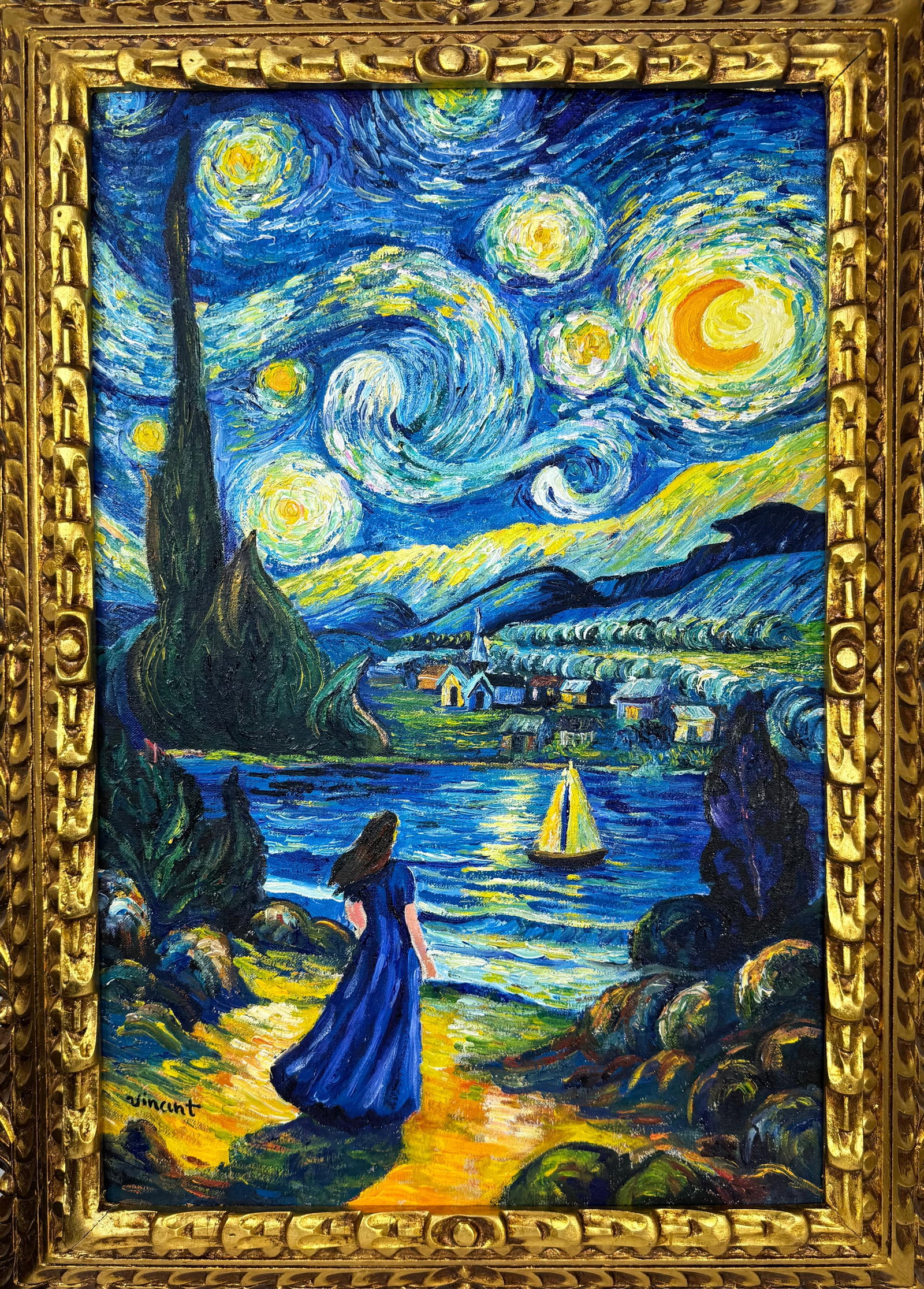 Vincent Van Gogh Dutch (Oil on Canvas Painting) in the style of: Rendered in the style of Vincent Van Gogh. Technique: Oil on Canvas Painting. Measures: 21" x 29" Inches. Provenance:Private Collection. "In the style of" means after the artist. The work is framed. V