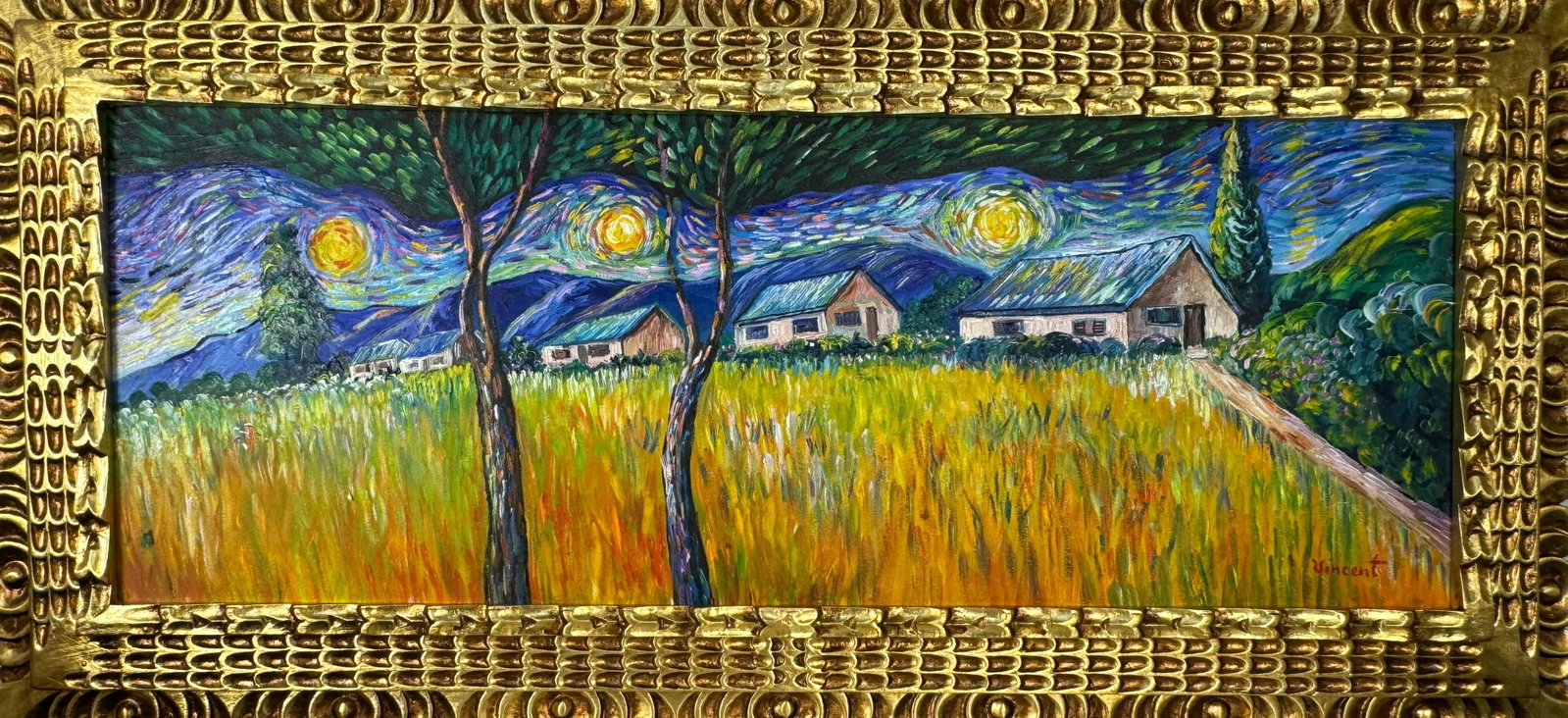 Vincent Van Gogh Dutch (Oil on Canvas Painting) in the style of: Rendered in the style of Vincent Van Gogh. Technique: Oil on Canvas Painting. Measures: 17.5" x 37.5" Inches. Provenance:Private Collection. "In the style of" means after the artist. The work is frame
