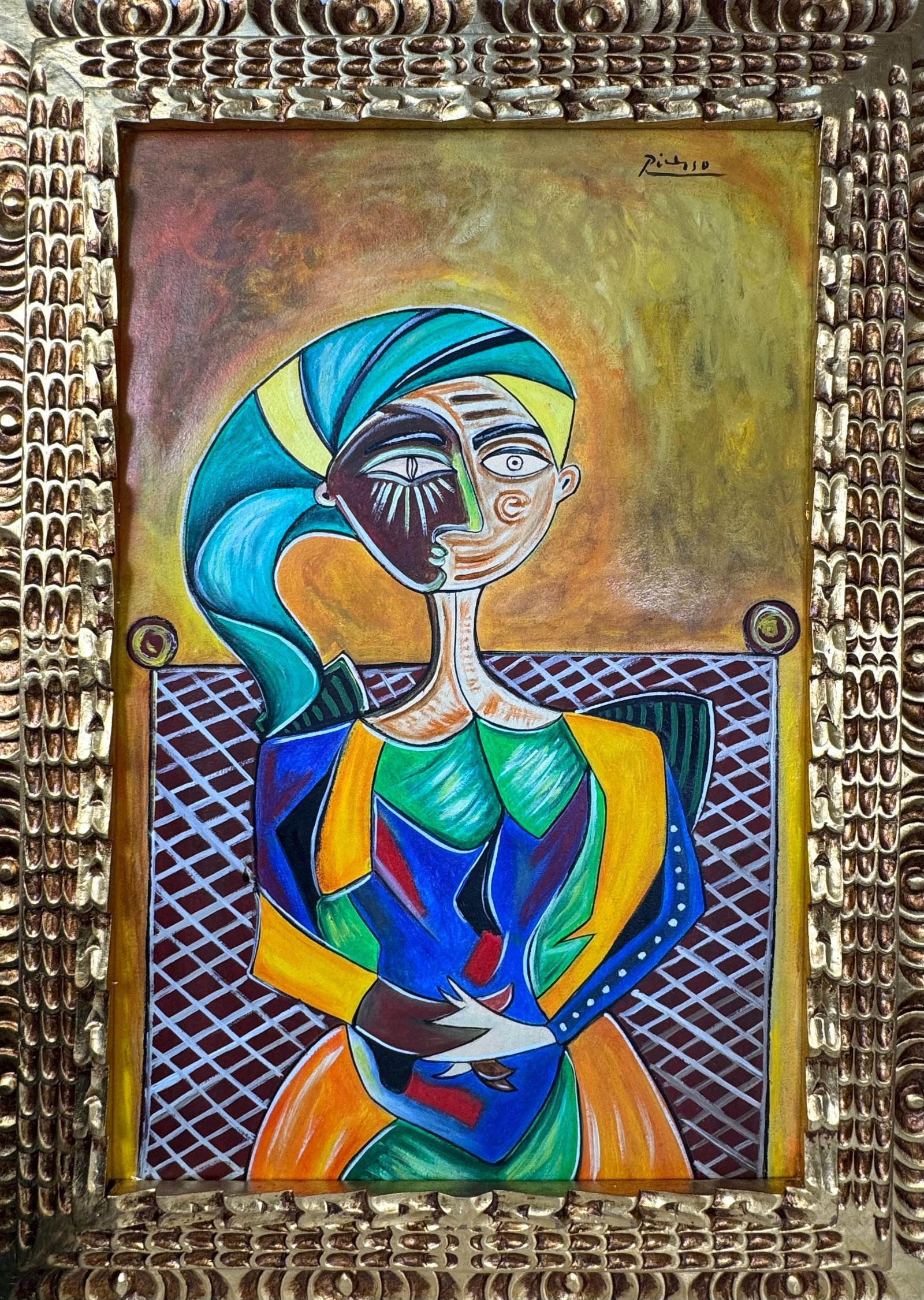 Pablo Picasso Spanish (Oil on Canvas Painting) In the style of: Rendered in the style of Pablo Picasso. Technique: Oil on Canvas painting. Measures: 21" x 29" Inches aprox. Provenance: Private collection."In the style of" means after the artist. The artwork is fra