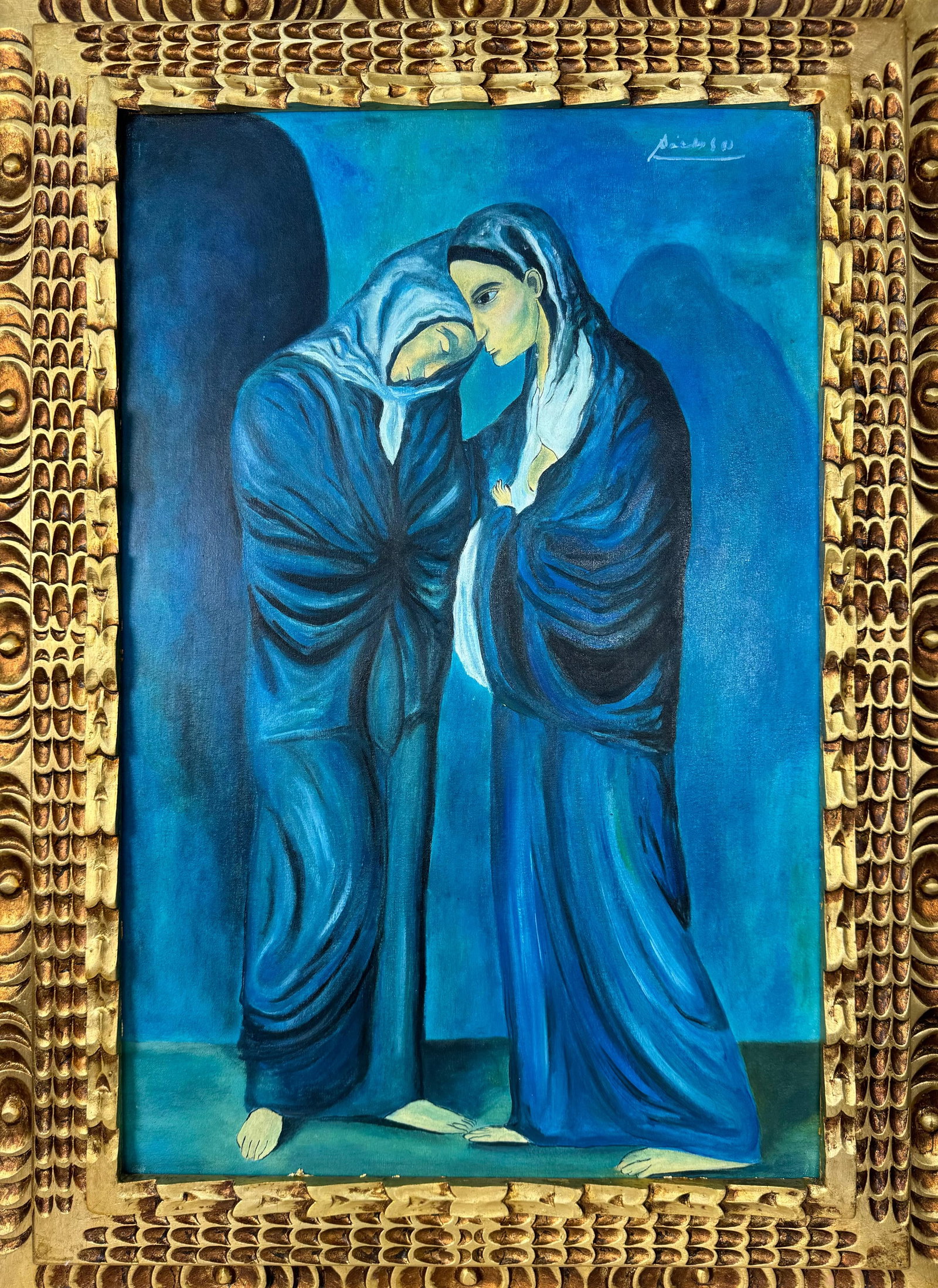 Pablo Picasso Spanish (Oil on Canvas Painting) In the style of: Rendered in the style of Pablo Picasso. Technique: Oil on Canvas painting. Measures: 21" x 29" Inches aprox. Provenance: Private collection."In the style of" means after the artist. The artwork is fra
