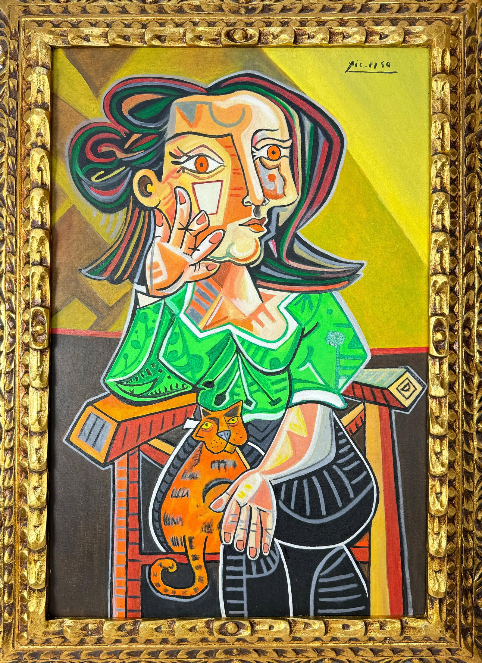 Pablo Picasso Spanish (Oil on Canvas Painting) In the style of: Rendered in the style of Pablo Picasso. Technique: Oil on Canvas painting. Measures: 21" x 29" Inches aprox. Provenance: Private collection."In the style of" means after the artist. The artwork is fra