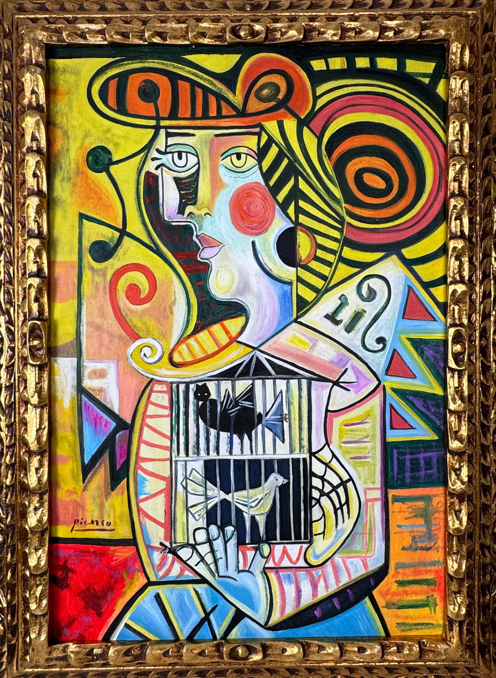 Pablo Picasso Spanish (Oil on Canvas Painting) In the style of: Rendered in the style of Pablo Picasso. Technique: Oil on Canvas painting. Measures: 21" x 29" Inches aprox. Provenance: Private collection."In the style of" means after the artist. The artwork is fra