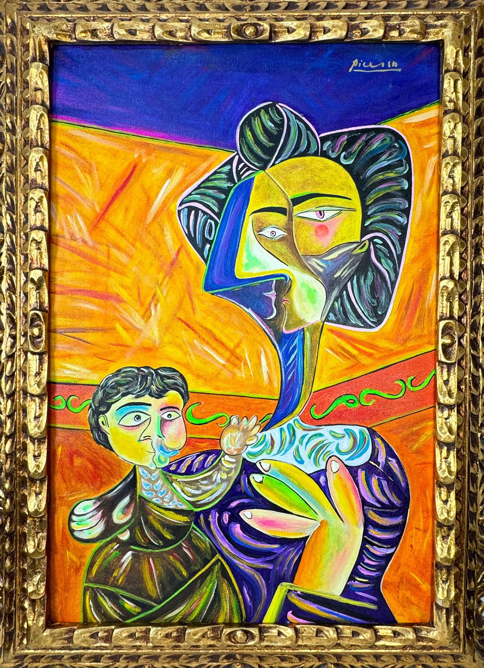 Pablo Picasso Spanish (Oil on Canvas Painting) In the style of: Rendered in the style of Pablo Picasso. Technique: Oil on Canvas painting. Measures: 21" x 29" Inches aprox. Provenance: Private collection."In the style of" means after the artist. The artwork is fra
