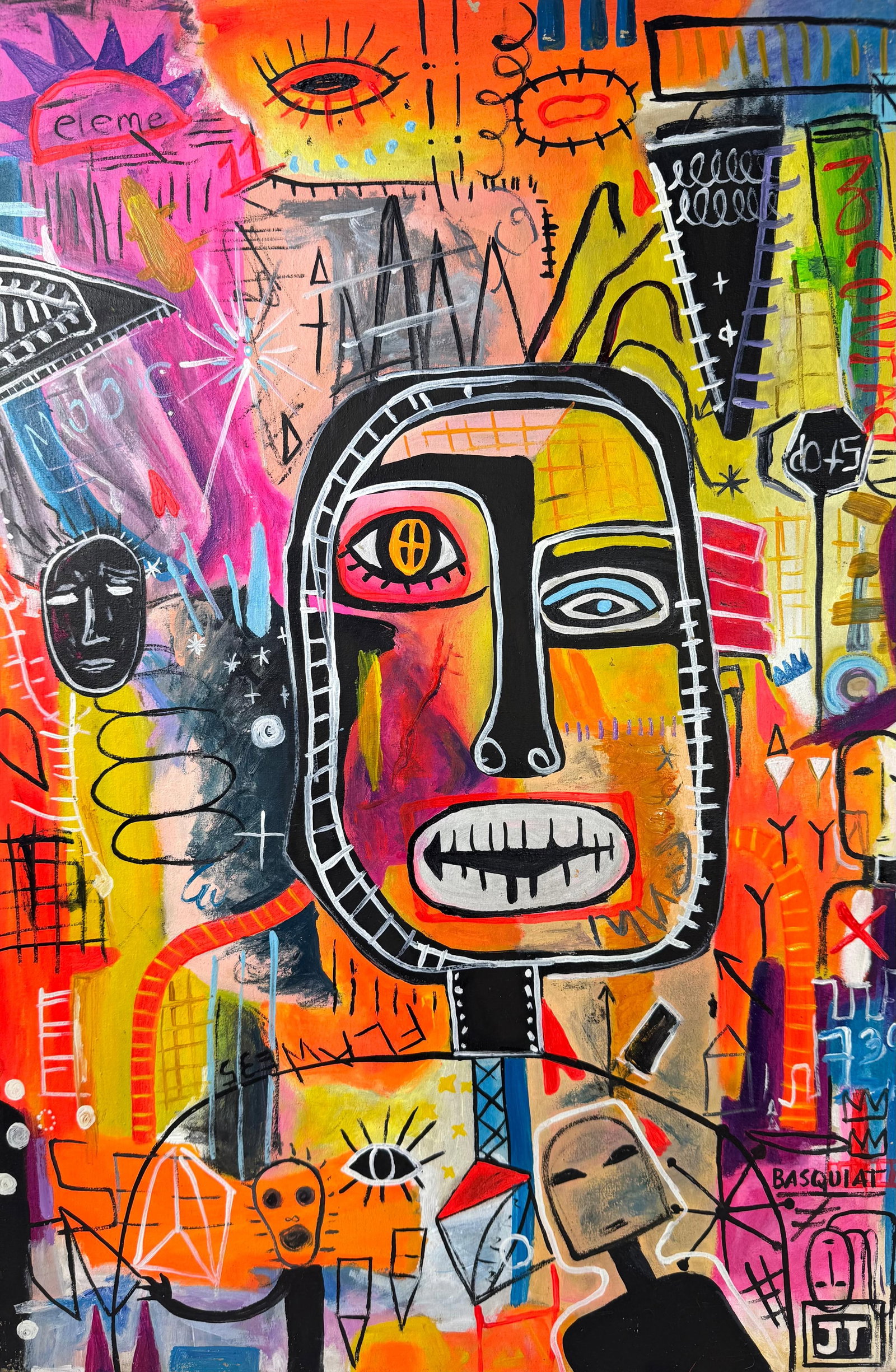 Jean-Michel Basquiat (Oil on Canvas Painting) in the style of: Rendered in the style of Jean-Michel Basquiat. Technique: Oil on Canvas painting. Measures: 15.5 x 23.5 Inches aprox. Provenance: Private collection. "In the style of" means after the artist. Basquiat