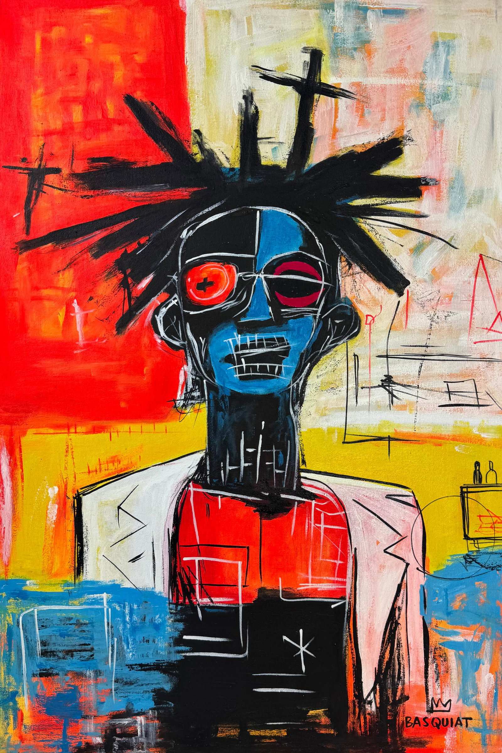 Jean-Michel Basquiat (Oil on Canvas Painting) in the style of: Rendered in the style of Jean-Michel Basquiat. Technique: Oil on Canvas painting. Measures: 15.5 x 23.5 Inches aprox. Provenance: Private collection. "In the style of" means after the artist. Basquiat