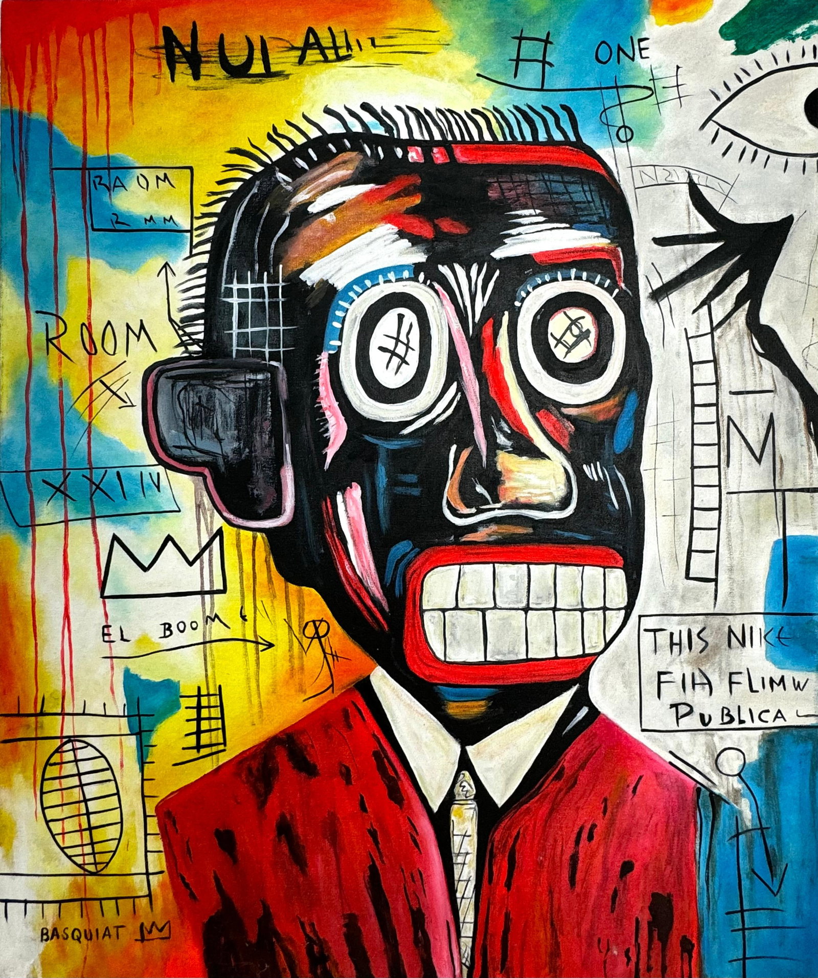 Jean-Michel Basquiat (Oil on Canvas Painting) in the style of: Rendered in the style of Jean-Michel Basquiat. Technique: Oil on Canvas painting. Measures: 19.5 x 23.5 Inches aprox. Provenance: Private collection. "In the style of" means after the artist. Basquiat