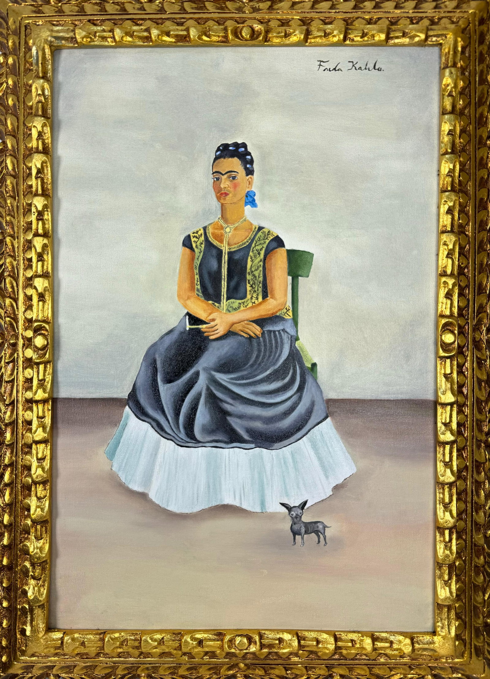 Frida Kahlo Mexican (Oil on Canvas Painting) in the style of: Rendered in the style of Frida Kahlo. Technique: Oil on Canvas painting. Measures: 21 x 29 Inches aprox. Provenance: Private collection. "In the style of" means after the artist. The artwork is framed