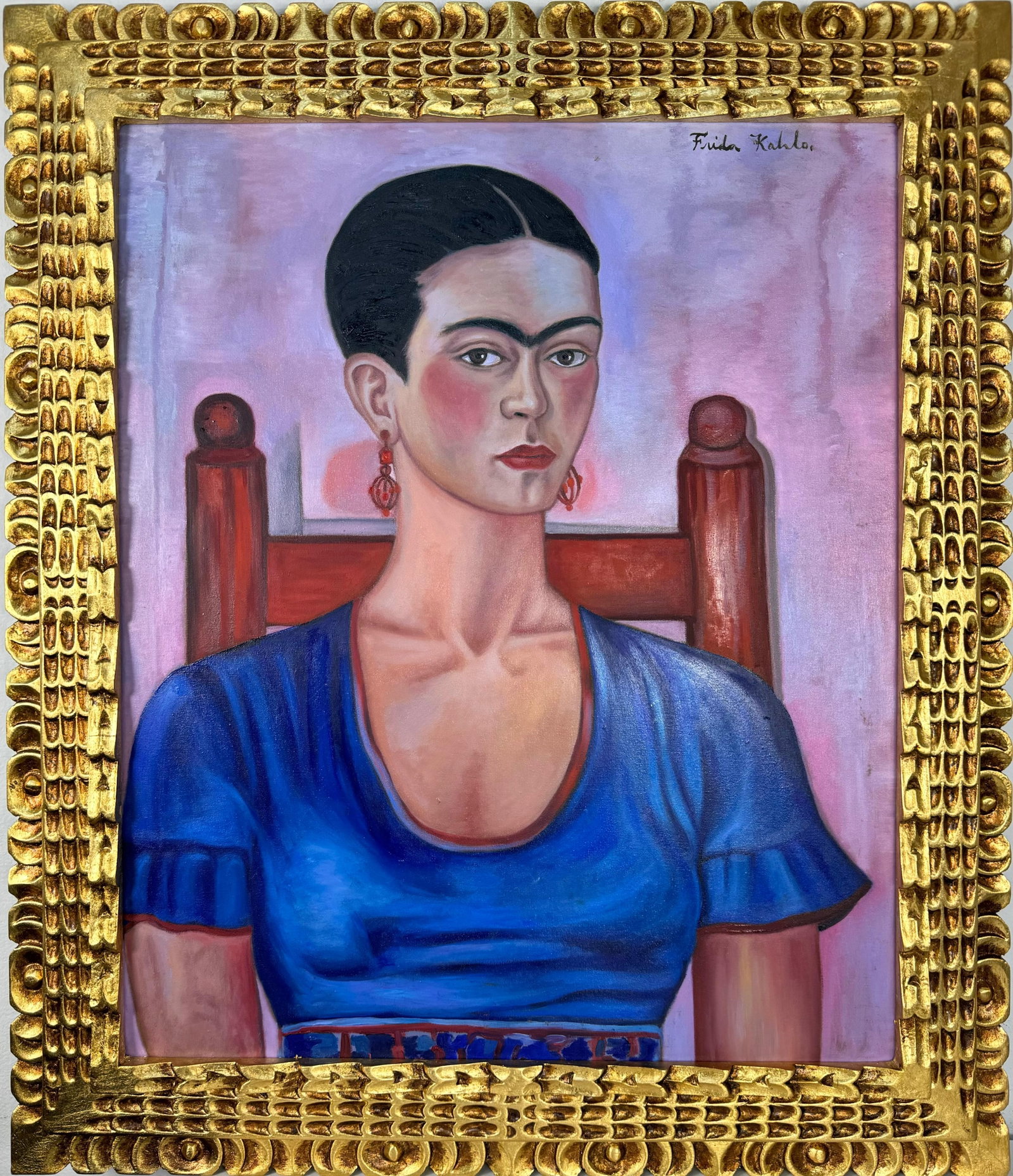 Frida Kahlo Mexican (Oil on Canvas Painting) in the style of: Rendered in the style of Frida Kahlo. Technique: Oil on Canvas painting. Measures: 25 x 29 Inches aprox. Provenance: Private collection. "In the style of" means after the artist. The artwork is framed