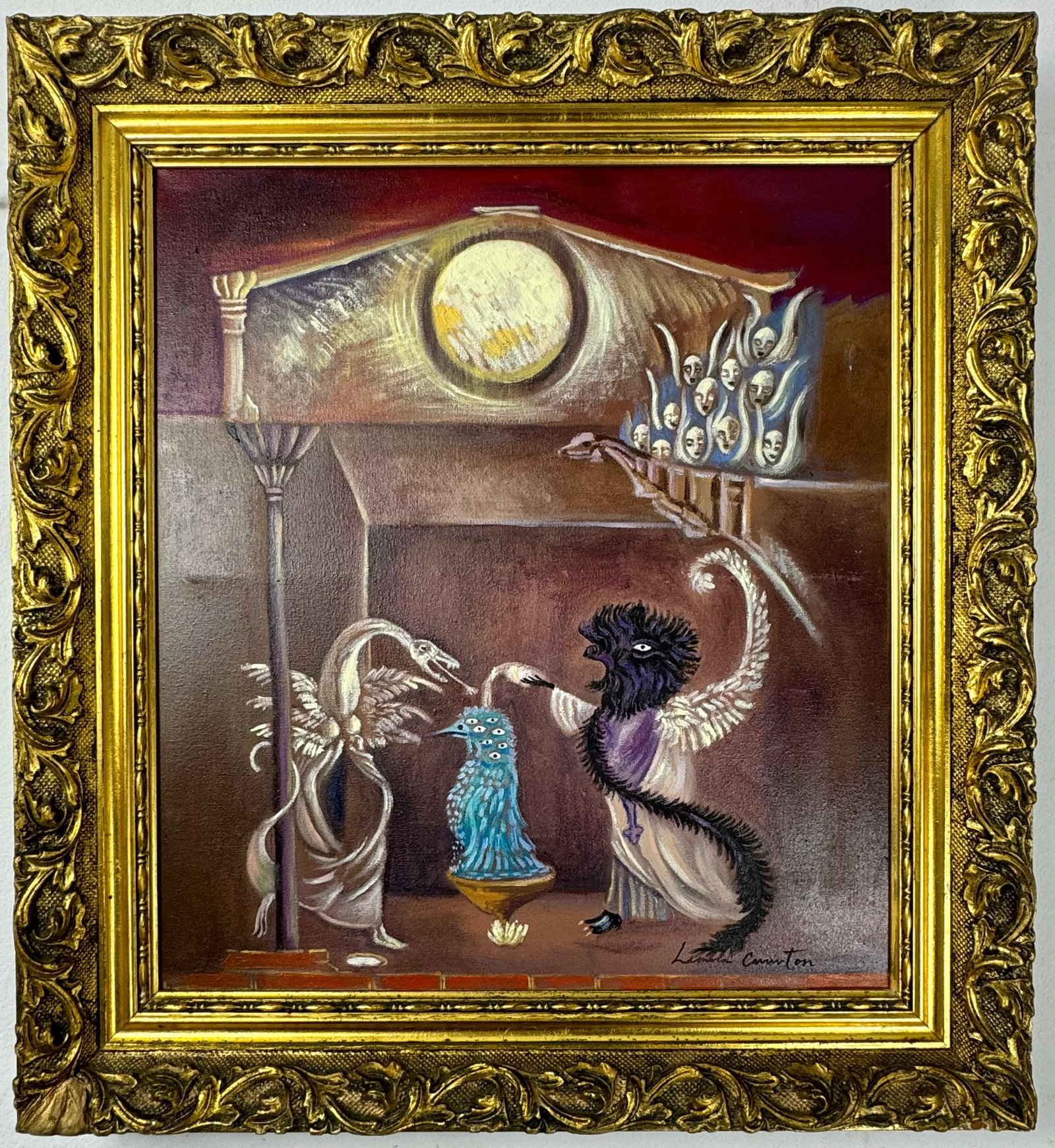 Leonora Carrington (Oil on Canvas Painting) in the style of: Rendered in the style of Leonora Carrington. Technique: Oil on Canvas painting. Measures: 18 x 20 Inches aprox. Provenance: Private collection."In the style of" means after the artist. The artwork is 