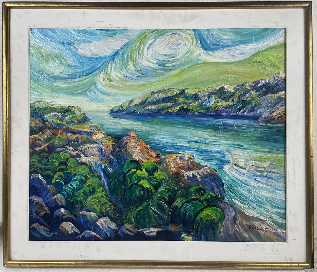 Vincent Van Gogh Dutch (Oil on Canvas Painting) in the style of: Rendered in the style of Vincent Van Gogh. Technique: Oil on Canvas Painting. Measures: 24" x 28" Inches. Provenance:Private Collection. "In the style of" means after the artist. The work is framed. V