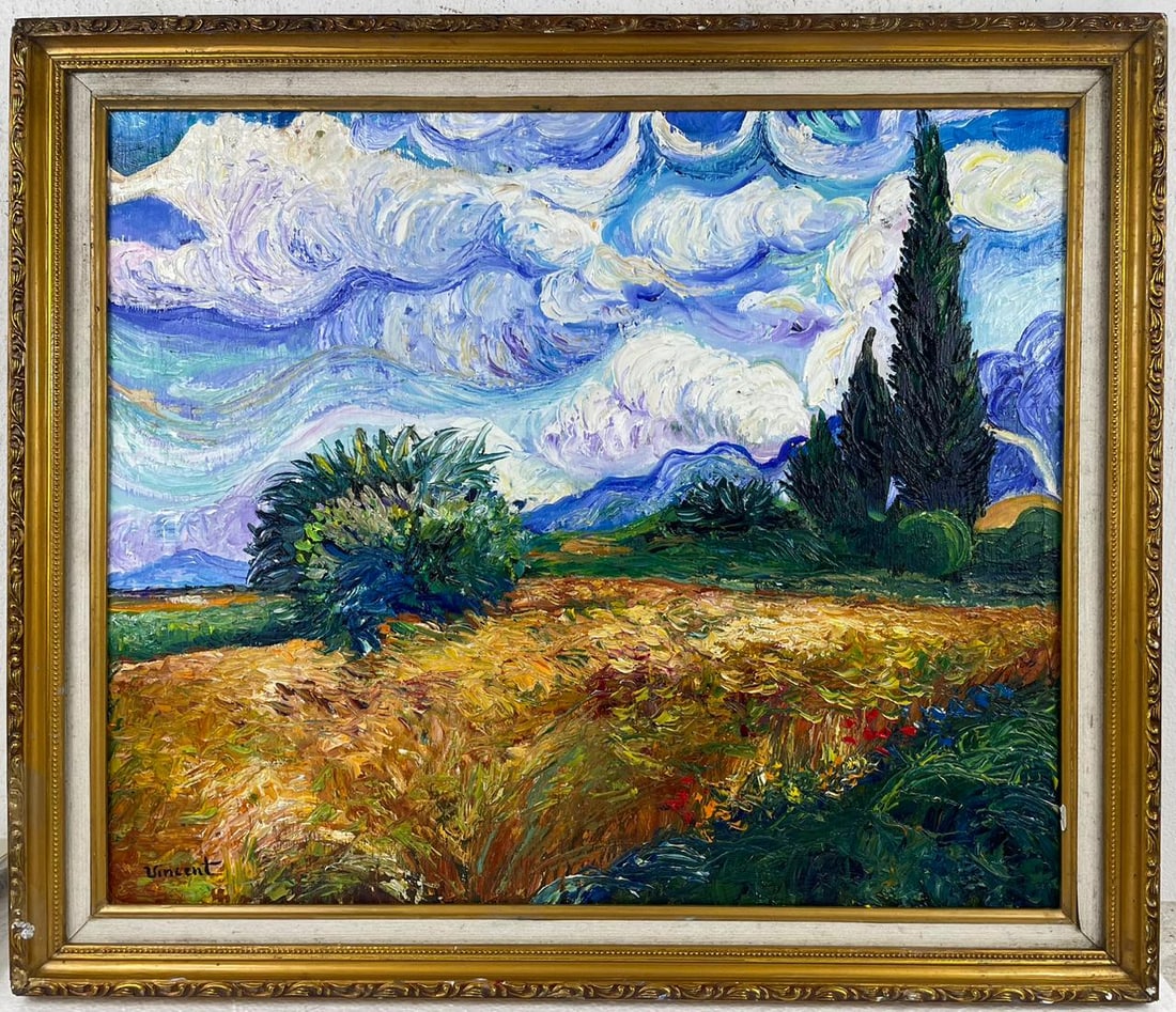 Vincent Van Gogh Dutch (Oil on Cardboard Painting) in the style of: Rendered in the style of Vincent Van Gogh. Technique: Oil on Cardboard Painting. Measures: 23.5" x 27.5" Inches. Provenance:Private Collection. "In the style of" means after the artist. The work is fr
