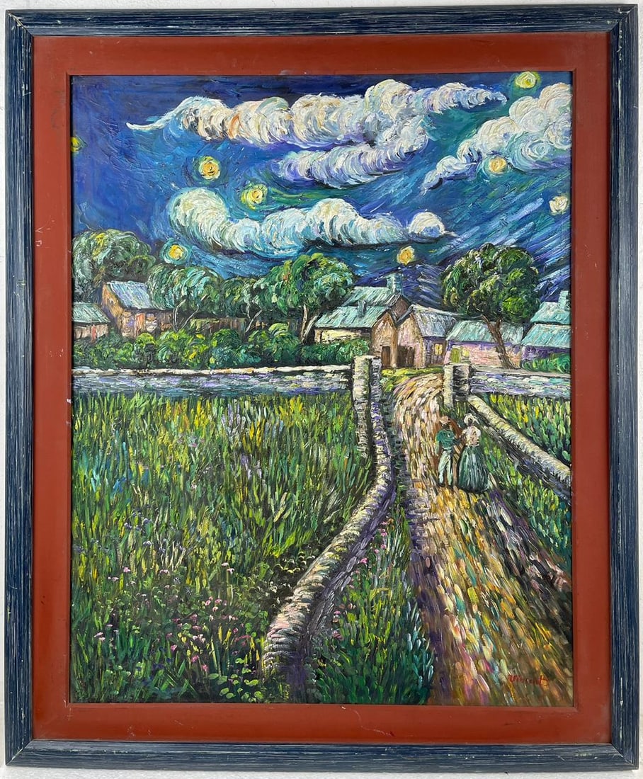 Vincent Van Gogh Dutch (Oil on Cardboard Painting) in the style of: Rendered in the style of Vincent Van Gogh. Technique: Oil on Cardboard Painting. Measures: 29" x 35" Inches. Provenance:Private Collection. "In the style of" means after the artist. The work is framed