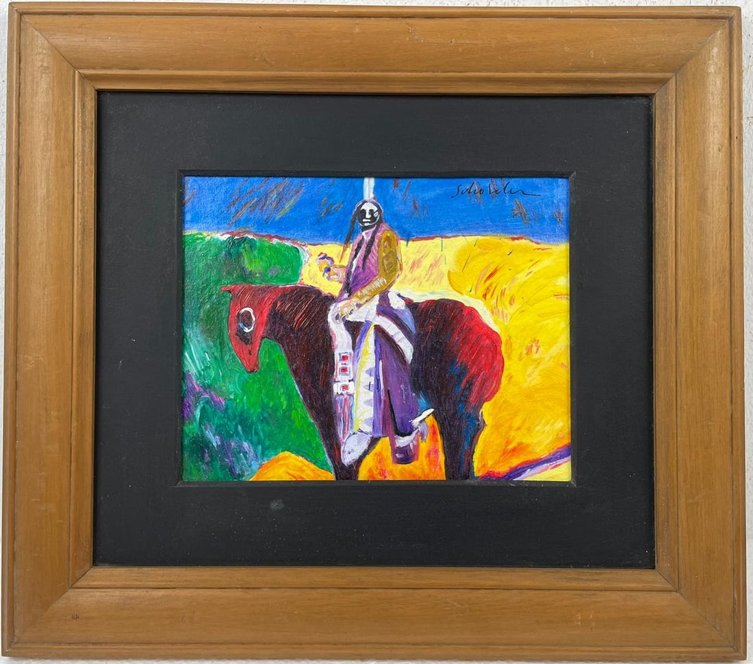 Fritz Scholder (Oil on Cardboard Painting) in the style of: Rendered in the style of Fritz Scholder. Technique: Oil on Cardboard Painting. Measures: 15.5" x 17.5" Inches. Provenance:Private Collection. "In the style of" means after the artist. The work is fram