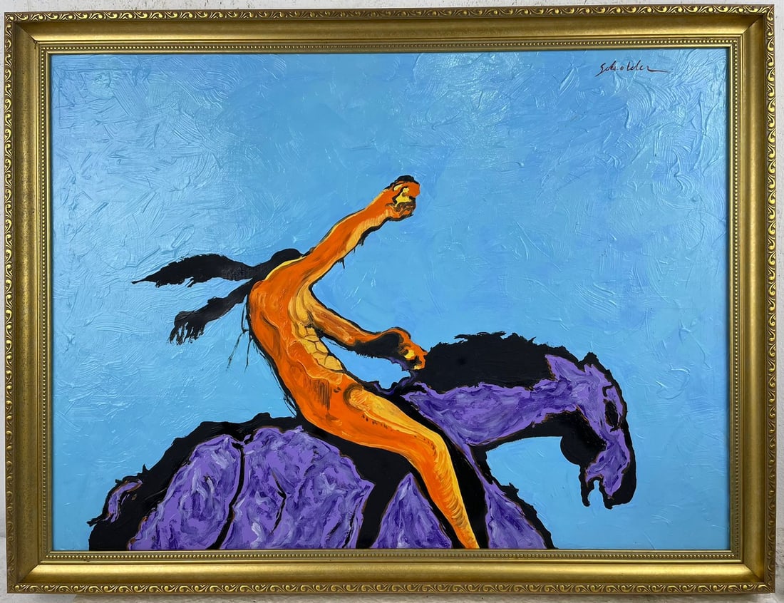 Fritz Scholder (Oil on Cardboard Painting) in the style of: Rendered in the style of Fritz Scholder. Technique: Oil on Cardboard Painting. Measures: 24.5" x 32" Inches. Provenance:Private Collection. "In the style of" means after the artist. The work is framed