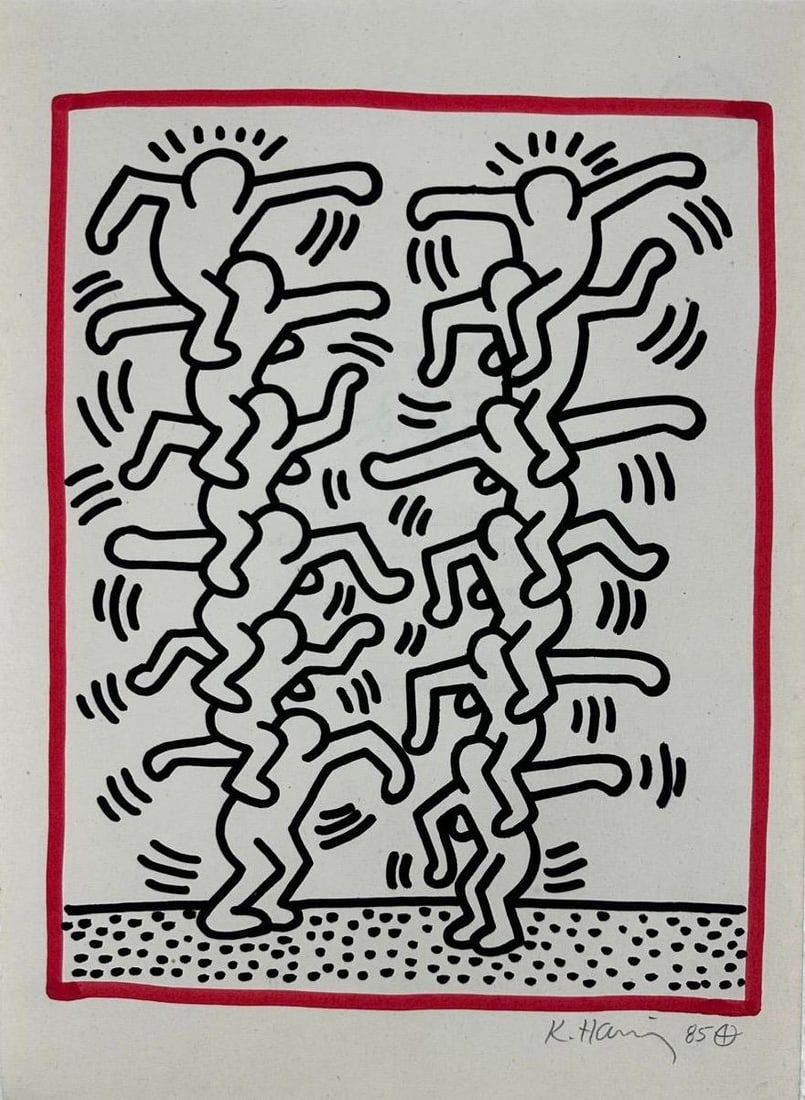 Keith Haring American (Ink on Paper Painting) In the style of: Ink painting on paper, rendered in the style of Keith Haring. Measures: 9.5” x 13.5” Inches aprox. Provenance: Private Collection."In the style of" means after the artist. Haring lived bet