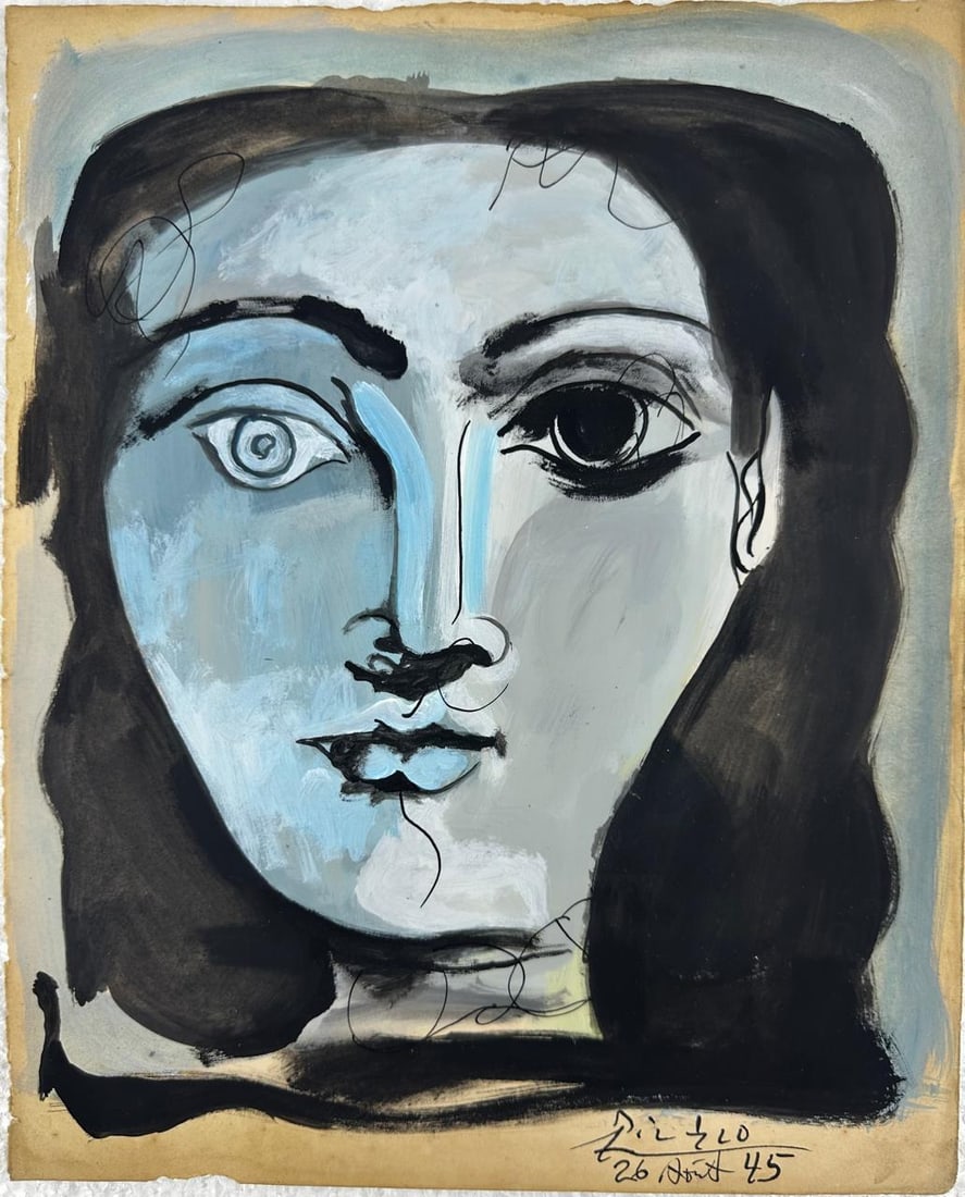 Pablo Picasso Spanish (Gouache and Ink on Paper Painting) In the style of: Gouache and Ink on paper, rendered in the style of Pablo Picasso. Measures: 10.5” x 13” Inches aprox. Provenance: Private Collection."In the style of" means after the artist. Picasso lived