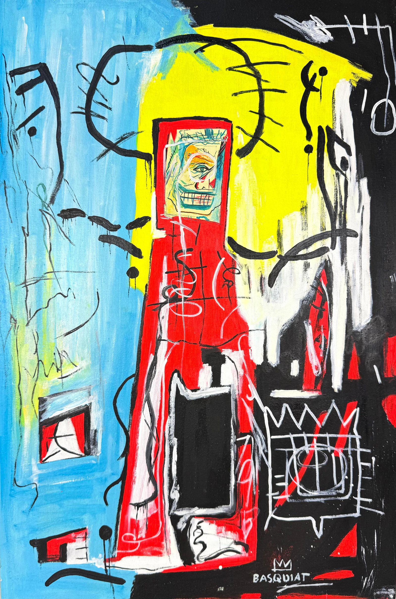 Jean-Michel Basquiat (Oil on Canvas Painting) in the style of: Rendered in the style of Jean-Michel Basquiat. Technique: Oil on Canvas painting. Measures: 15.5 x 23.5 Inches aprox. Provenance: Private collection. "In the style of" means after the artist. Basquiat