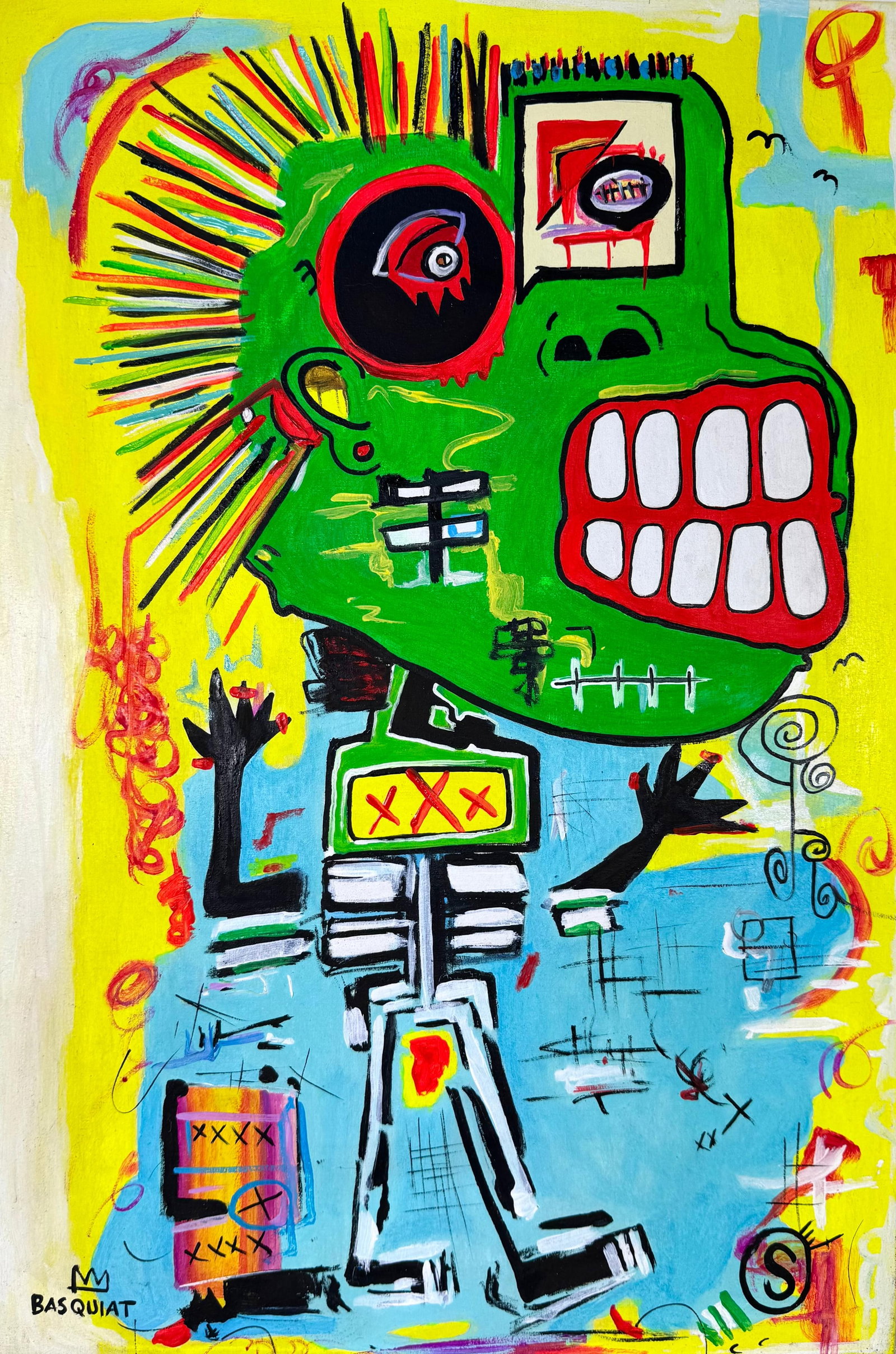 Jean-Michel Basquiat (Oil on Canvas Painting) in the style of: Rendered in the style of Jean-Michel Basquiat. Technique: Oil on Canvas painting. Measures: 15.5 x 23.5 Inches aprox. Provenance: Private collection. "In the style of" means after the artist. Basquiat