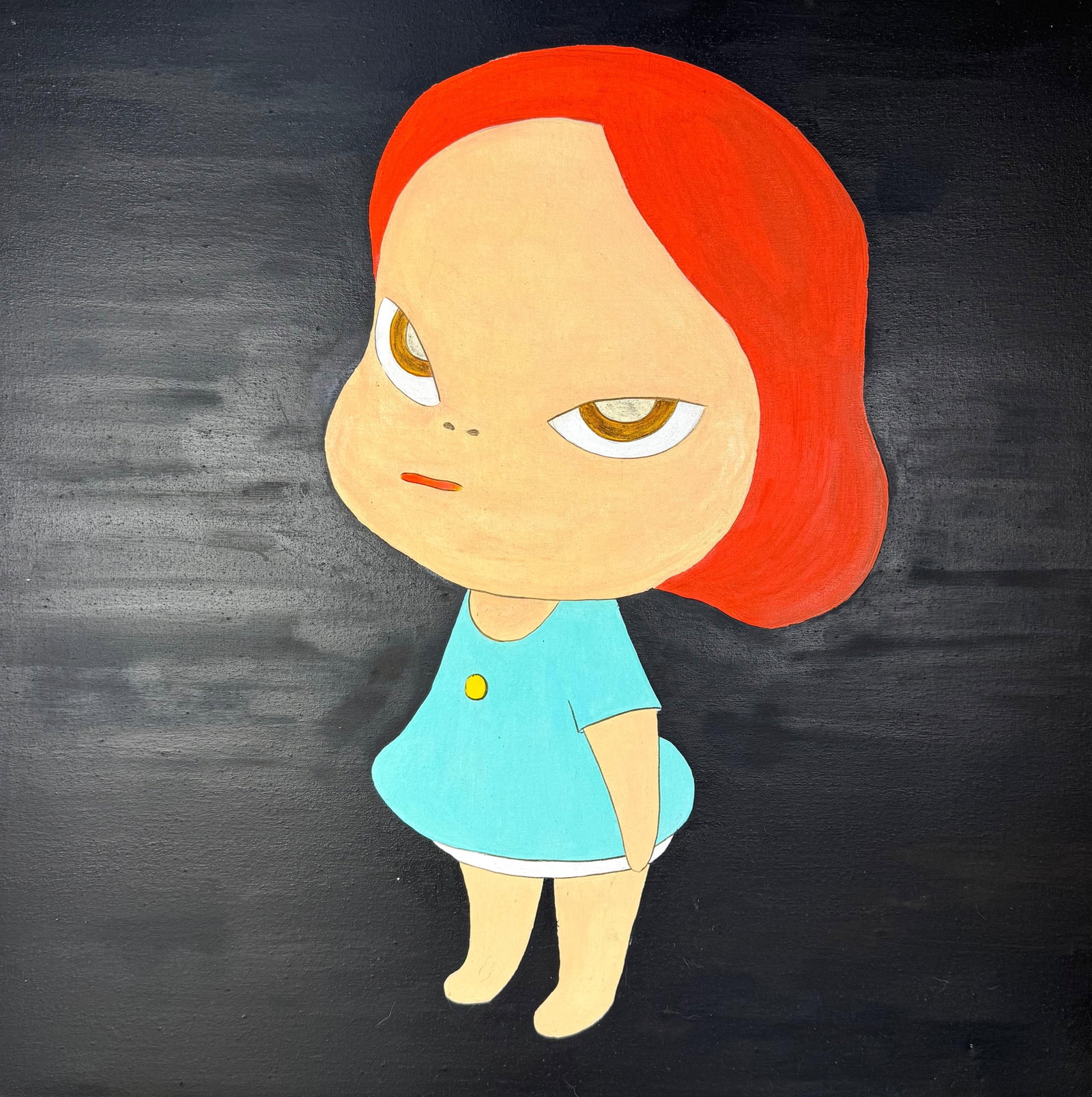 Yoshitomo Nara (Oil on Canvas Painting) in the style of: Rendered in the style of Yoshitomo Nara. Technique: Oil on Canvas painting. Measures: 19.5 x 19.5 Inches aprox. Provenance: Private collection. "In the style of" means after the artist. The artwork is
