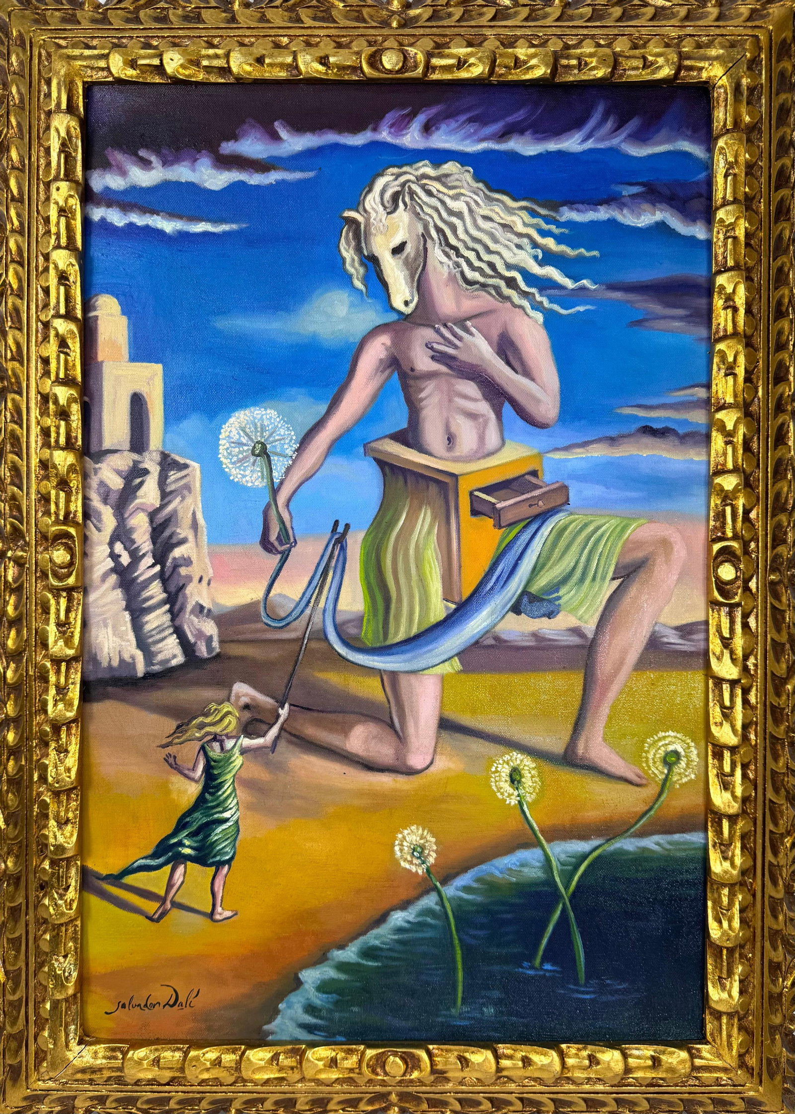 Salvador Dali Spanish (Oil on Canvas Painting) in the style of: Rendered in the style of Salvador Dali. Technique: Oil on Canvas painting. Measures: 21 x 29 Inches aprox. Provenance: Private collection. "In the style of" means after the artist. The artwork is fram
