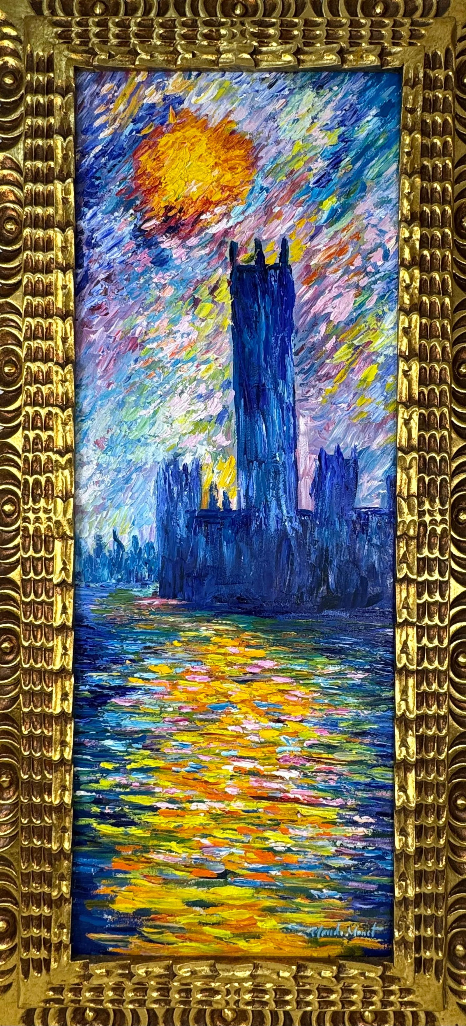 Claude Monet French (Oil on Canvas Painting) in the style of: Rendered in the style of Claude Monet. Technique: Oil on Canvas painting. Measures: 17.5" x 37" Inches aprox. Provenance: Private collection. "In the style of" means after the artist. The artwork is f
