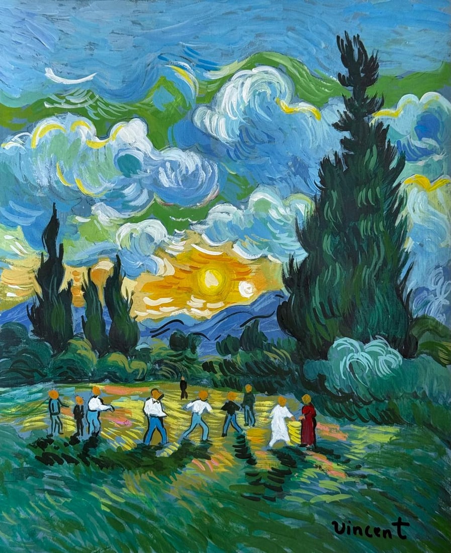 Vincent Van Gogh Dutch (Mixed Media on Paper Painting) In the style of (1 of 4)