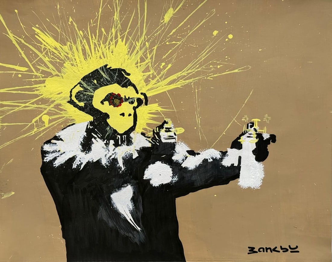 Banksy (Mixed media on Paper Painting) In the style of: Mixed media painting on paper, rendered in the style of Banksy. Measures: 8.5” x 12” Inches aprox. Provenance: Private Collection."In the style of" means after the artist. Banksy is the ps