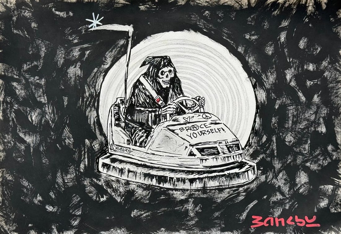 Banksy (Mixed media on Paper Painting) In the style of: Mixed media painting on paper, rendered in the style of Banksy. Measures: 8.5” x 12” Inches aprox. Provenance: Private Collection."In the style of" means after the artist. Banksy is the ps